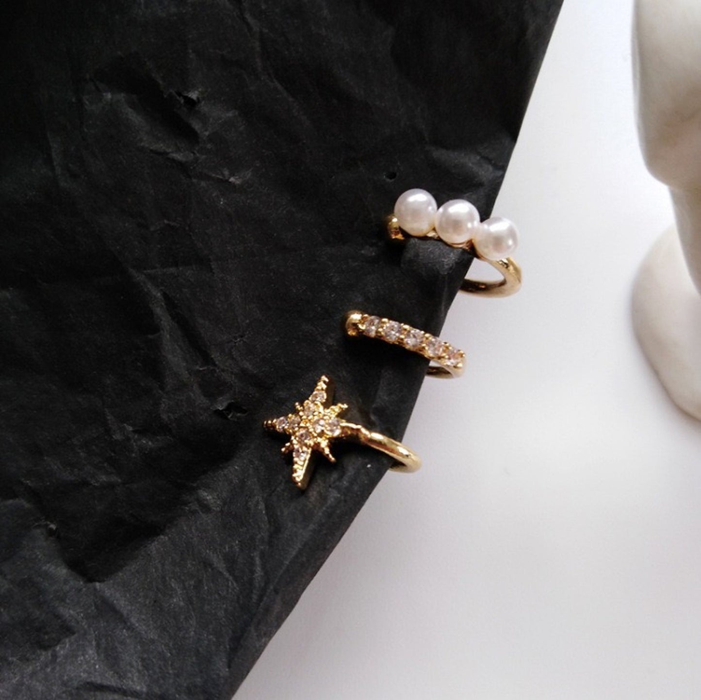 Dainty cuff earrings, Pearl ear cuff, North star ear cuff, CZ ear cuff, Gold ear climber, Minimalist tiny ear jacket, No piercing earrings