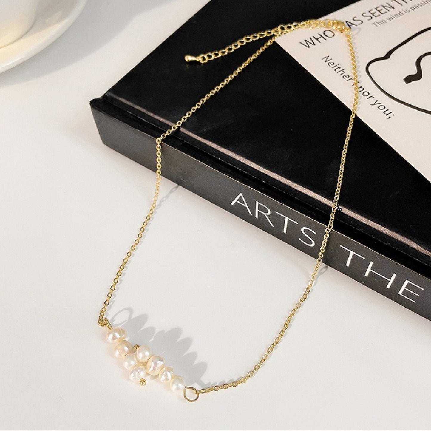 Natural Freshwater Pearl Crossover Necklace - Minimalist Layering Necklace