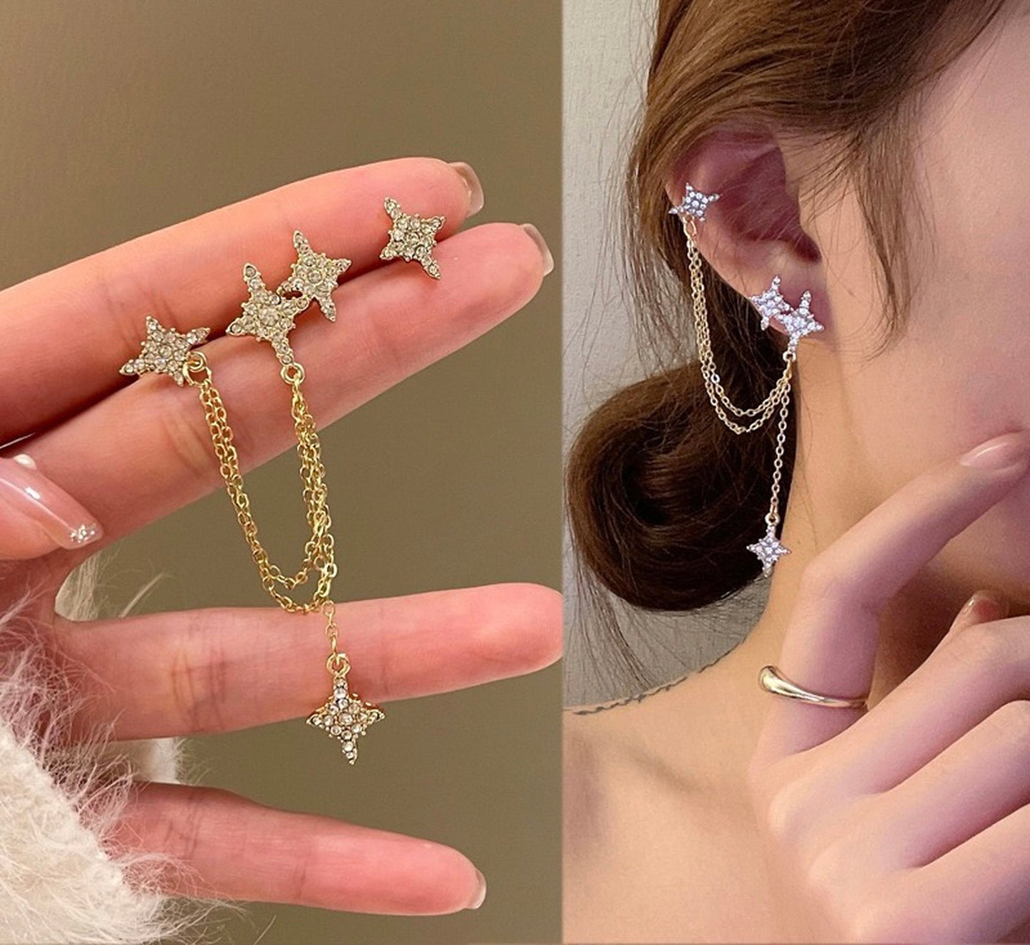 Golden North Starburst Dangle Ear Cuff Climber - Star Cluster Cartilage Conch Earrings