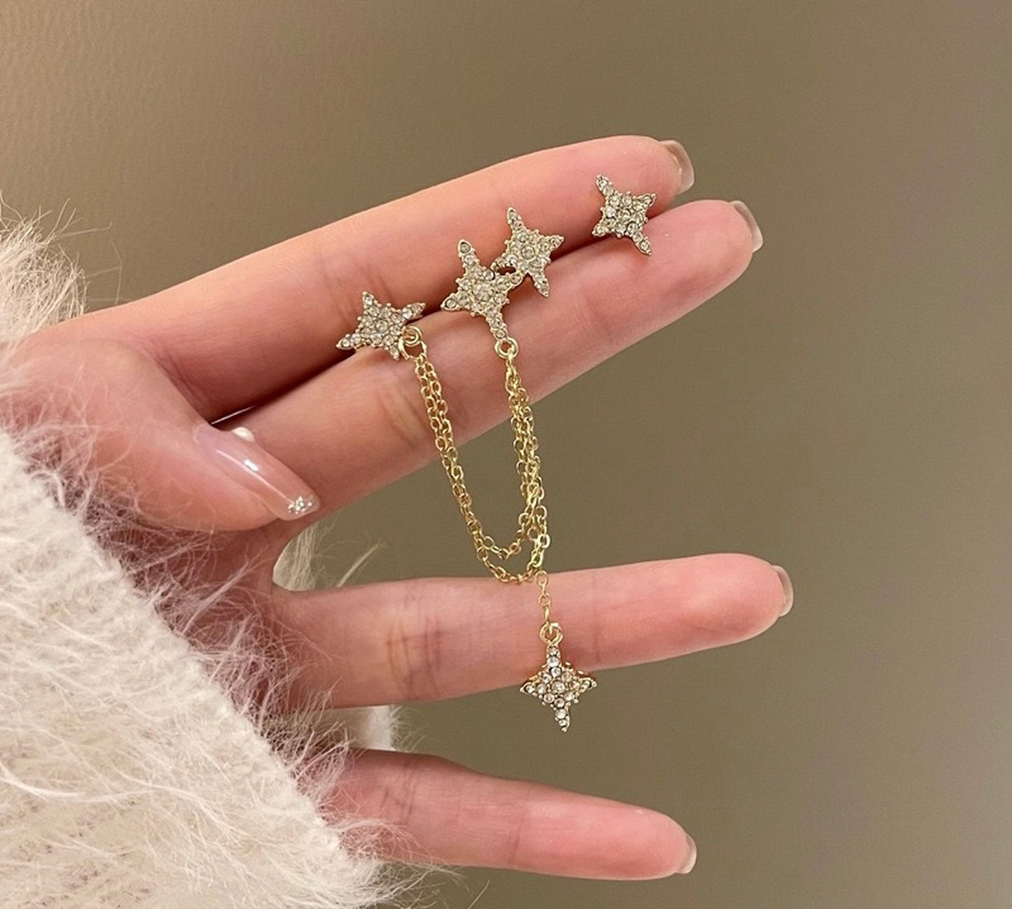 Golden North Starburst Dangle Ear Cuff Climber - Star Cluster Cartilage Conch Earrings