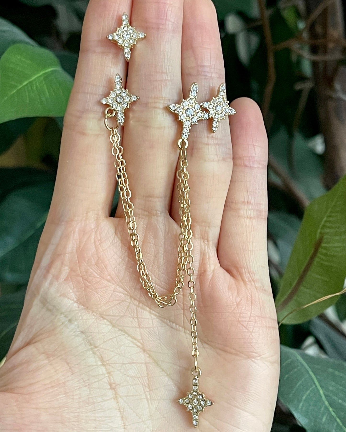 Golden North Starburst Dangle Ear Cuff Climber - Star Cluster Cartilage Conch Earrings