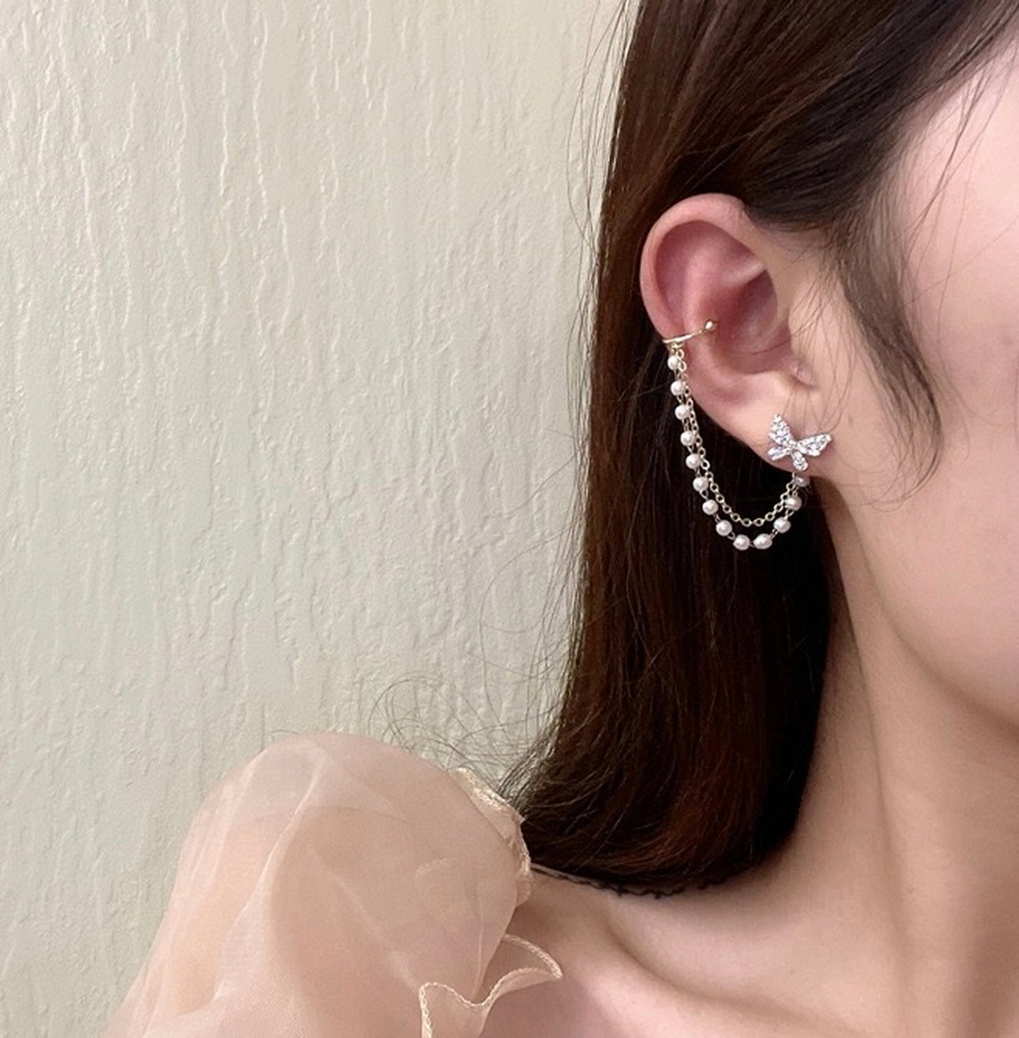 Dainty Butterfly Pearl Ear Cuff Climber - Asymmetric Multi Layer Gold Dangle Cuff Earrings