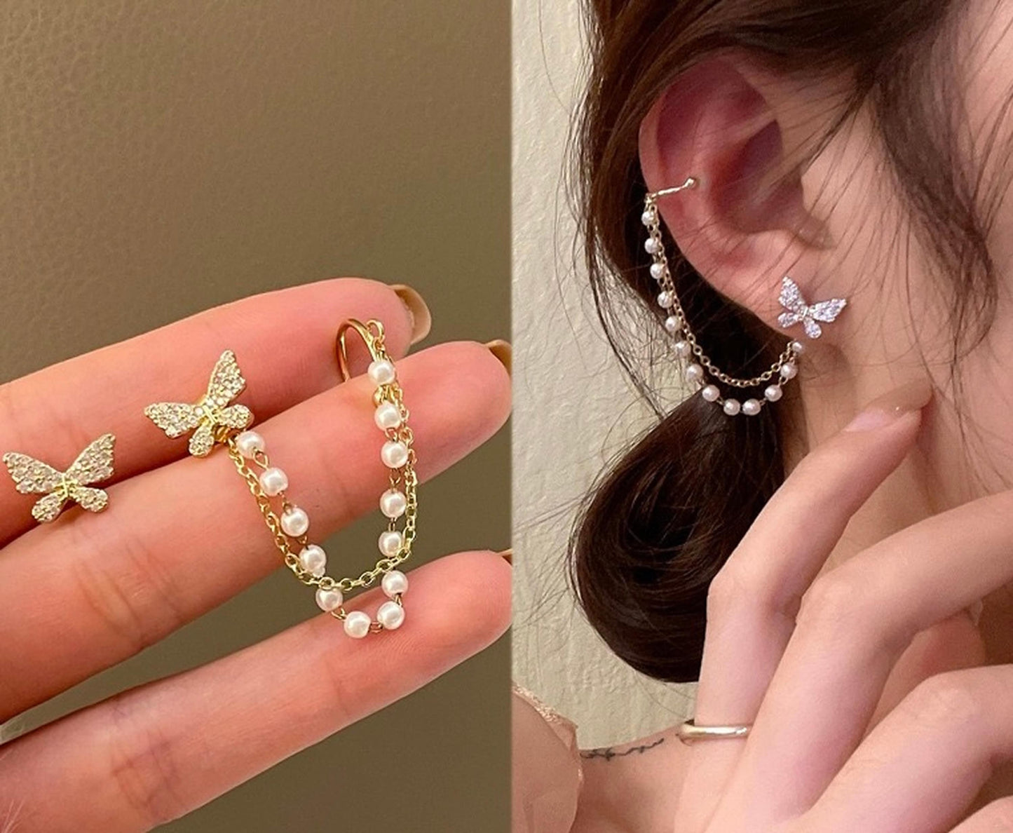 Dainty Butterfly Pearl Ear Cuff Climber - Asymmetric Multi Layer Gold Dangle Cuff Earrings
