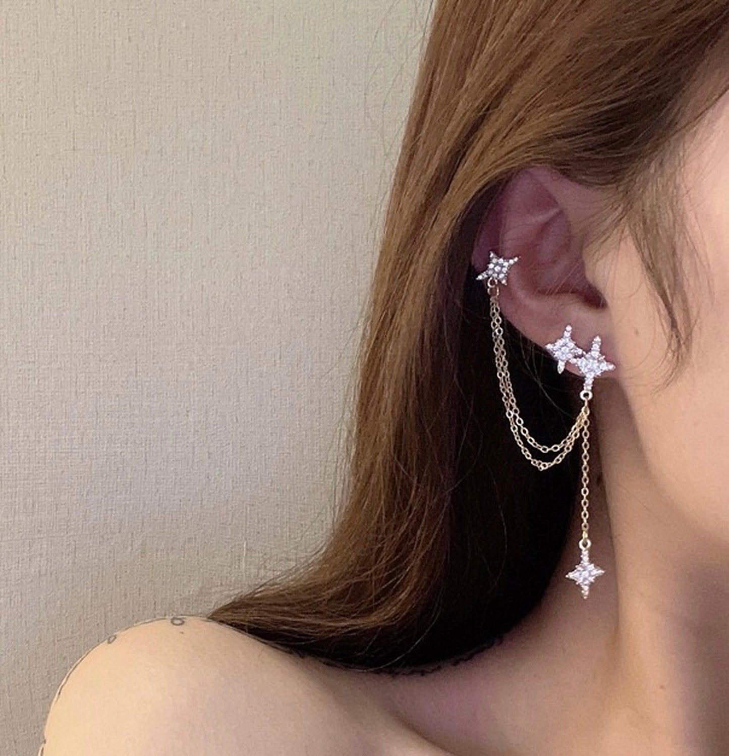 Golden North Starburst Dangle Ear Cuff Climber - Star Cluster Cartilage Conch Earrings