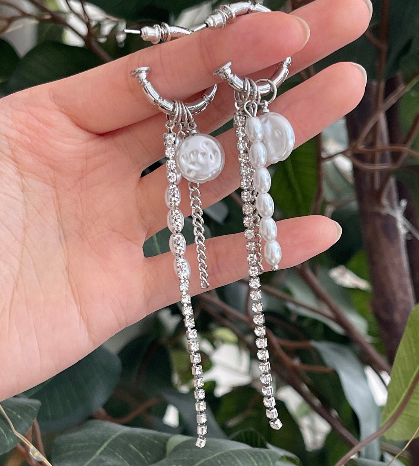 Punk silver earrings, Baroque pearl earrings, Long tassel fringed drop earrings, Y2K hoop earrings, Kpop earrings, Korean Streetwear Jewelry