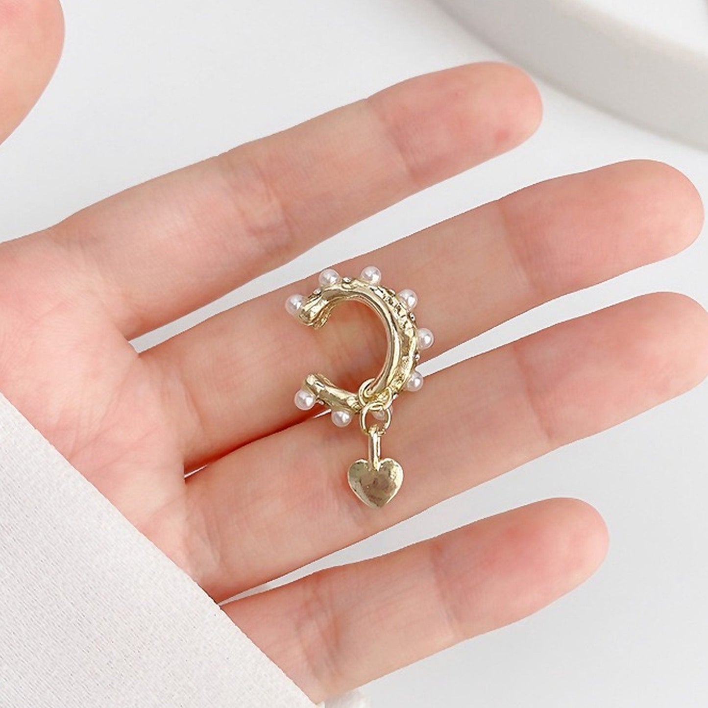 Gold dangle pearl ear cuff, Non pierced ear climber, Infinity heart ear jacket, Twist eternity ear cuff, Romantic ear wrap, Dainty earrings