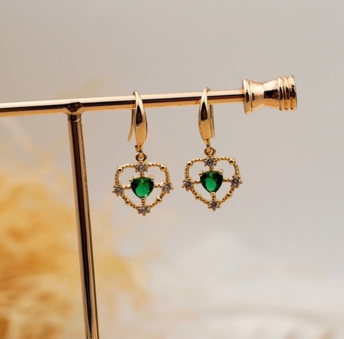 Emerald Green Gold Lace Dangle Earrings - Rectangle|Heart Emerald Dainty Jewelry