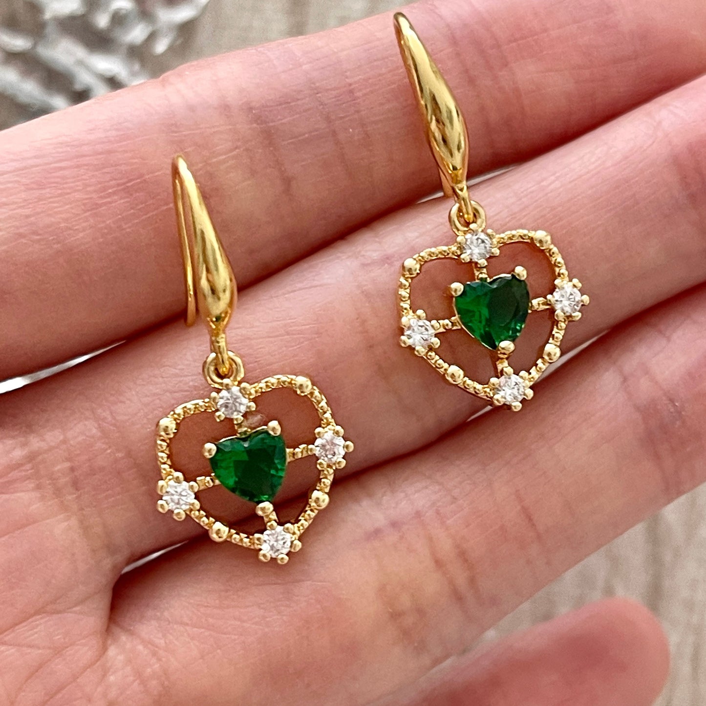 Emerald Green Gold Lace Dangle Earrings - Rectangle|Heart Emerald Dainty Jewelry