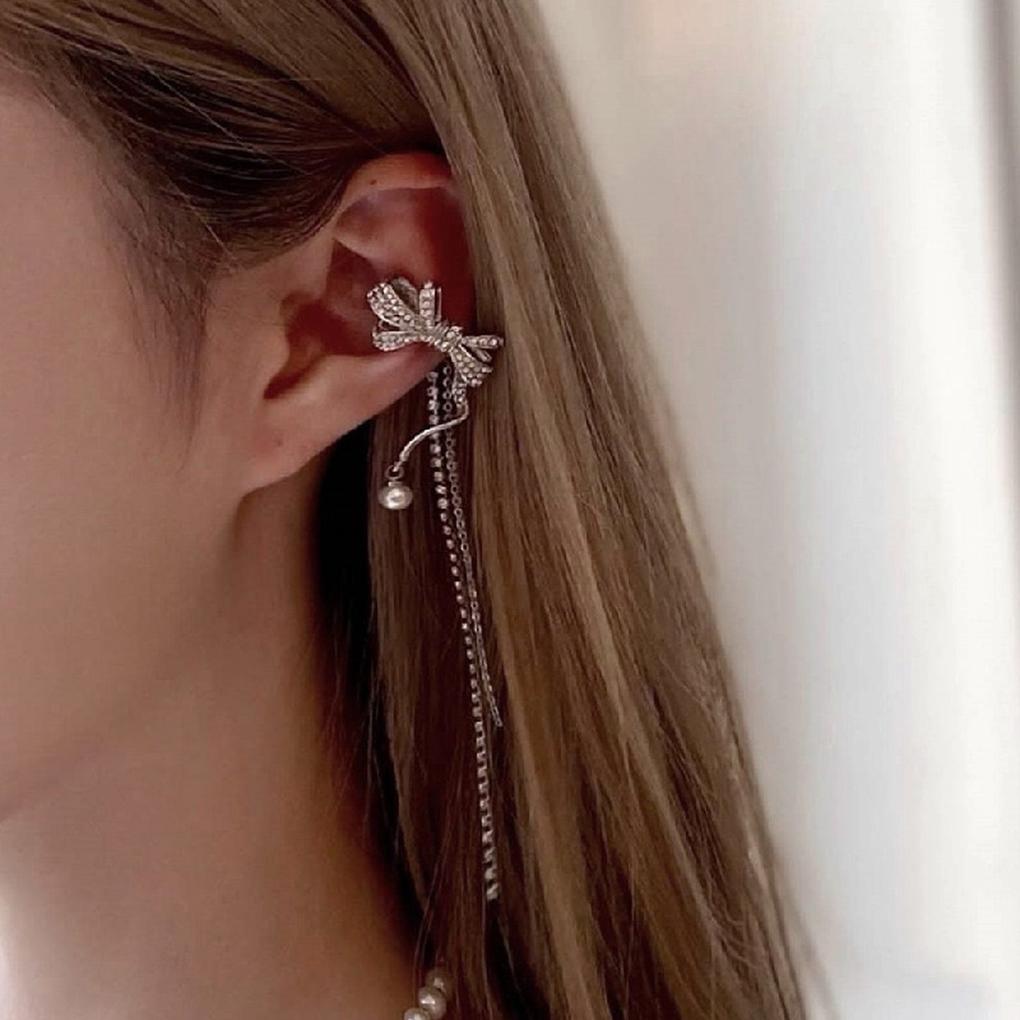 No piercing ribbon earrings, Silver pearl ear cuff climber, Non pierced cuff earrings, CZ pearl ear cuff, Long tassel dangle cuff earrings
