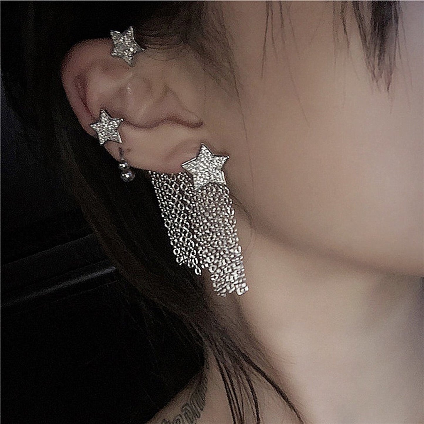 North star ear wrap, No piercing ear wrap, Tassel dangle ear wrap, Celestial star ear climber, Dainty bridesmaid ear wrap, CZ star earrings