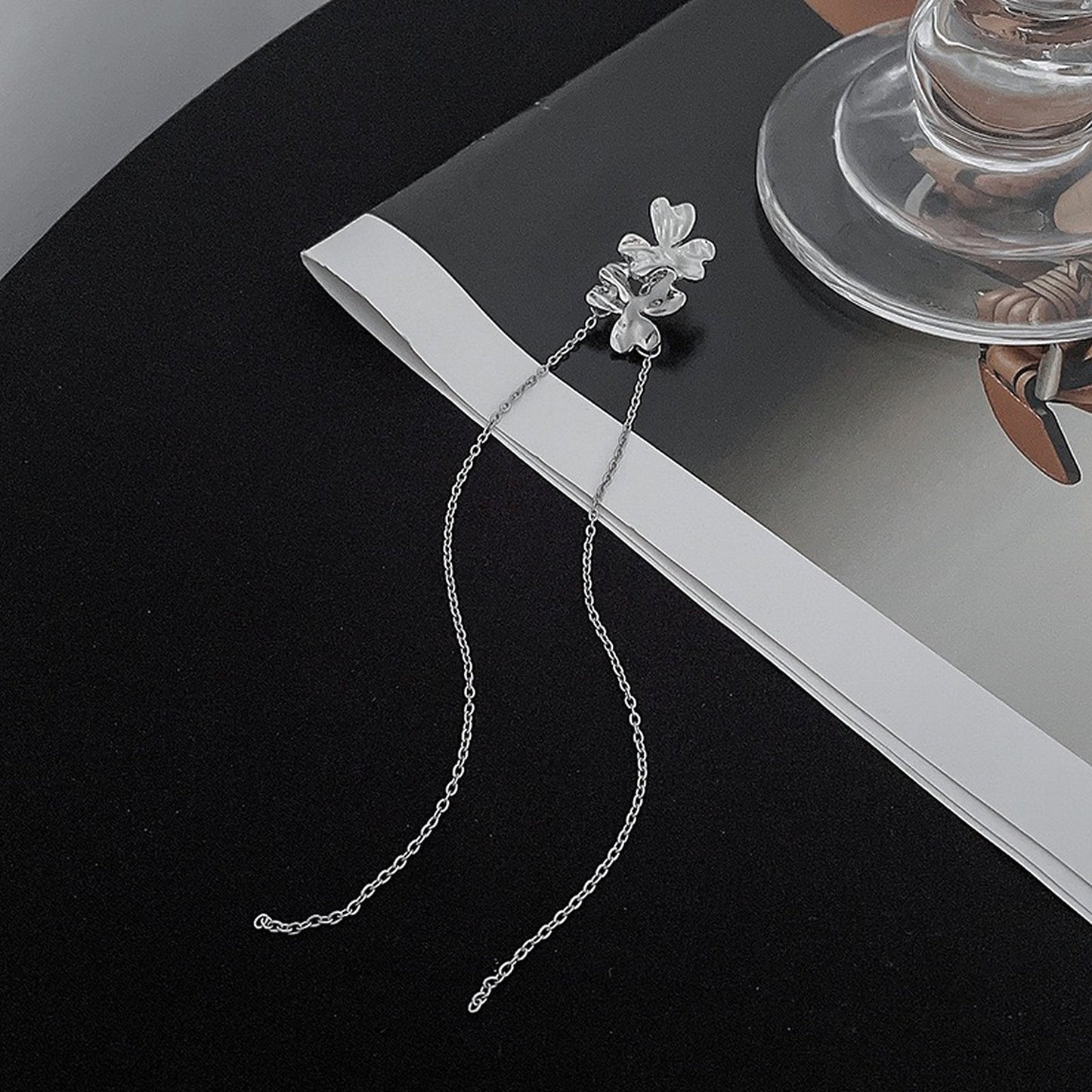 Gothic Punk Silver Clover Leaf Floral Ear Cuff Wrap | No piercing Helix Cartilage Ear Vine Climber