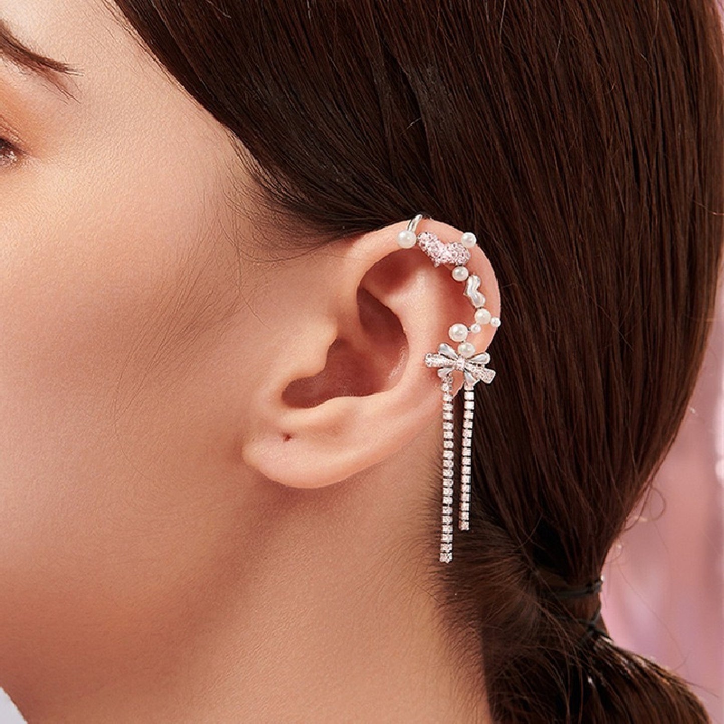 Romantic pearl ear wrap, Pink heart ear climber, No piercing ribbon earcuff, Dangle ear wrap, Dainty silver ear wrap, Non pierced ear jacket