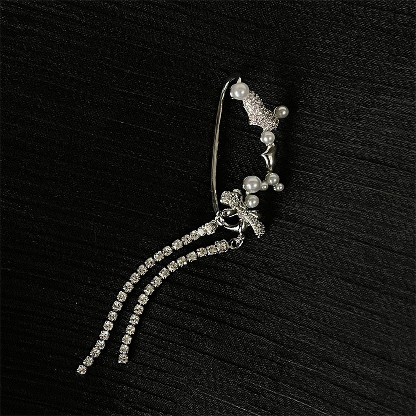 Romantic pearl ear wrap, Pink heart ear climber, No piercing ribbon earcuff, Dangle ear wrap, Dainty silver ear wrap, Non pierced ear jacket