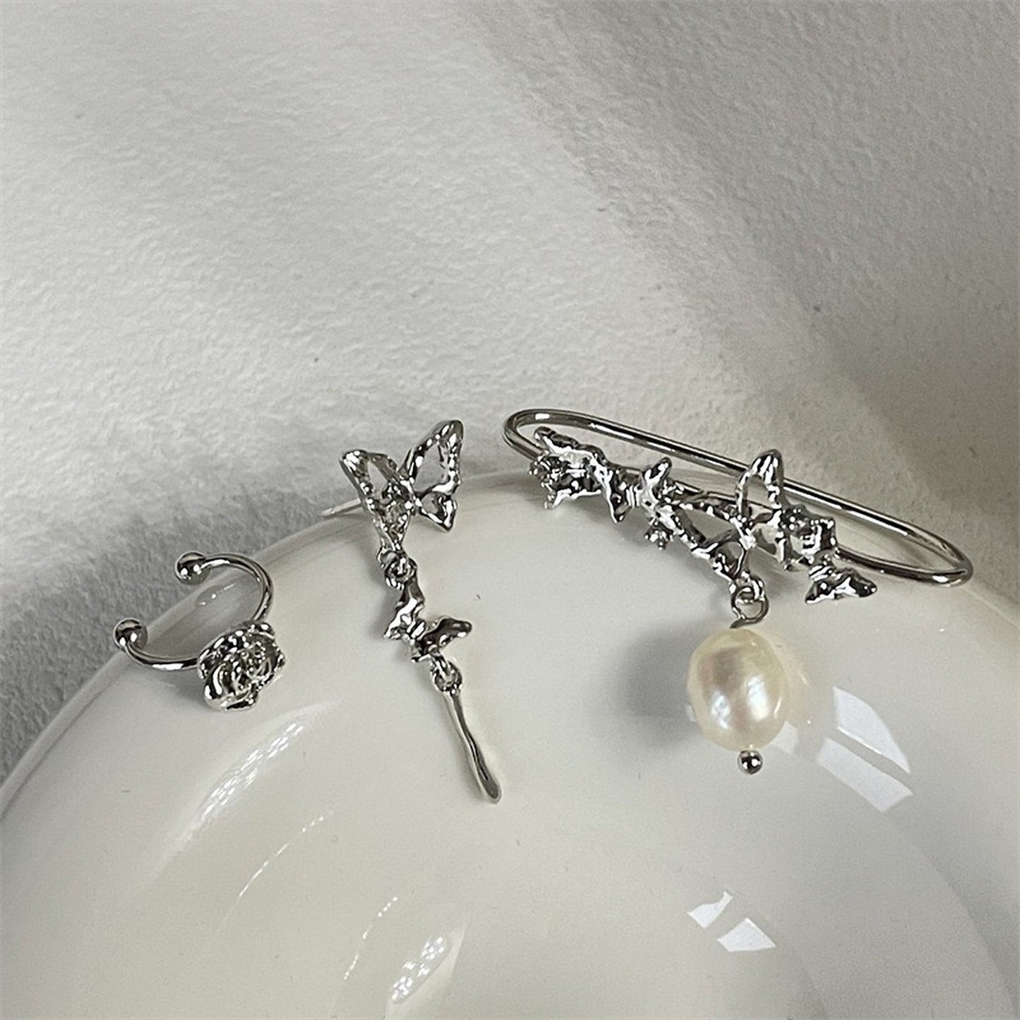 Romantic Rose Butterfly Ear Cuffs - No Picering Ear Vine Floral Dangle Helix Ear Climbers