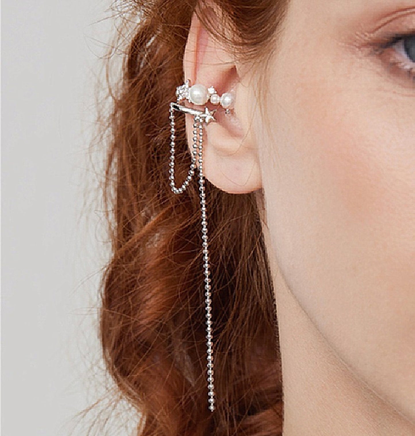 Pearl ear wrap, Silver star ear cuff, Starbusrt cuff earrings, No piercing dangle earrings, Tassel ear climber, Punk ear cuff, Non pierced