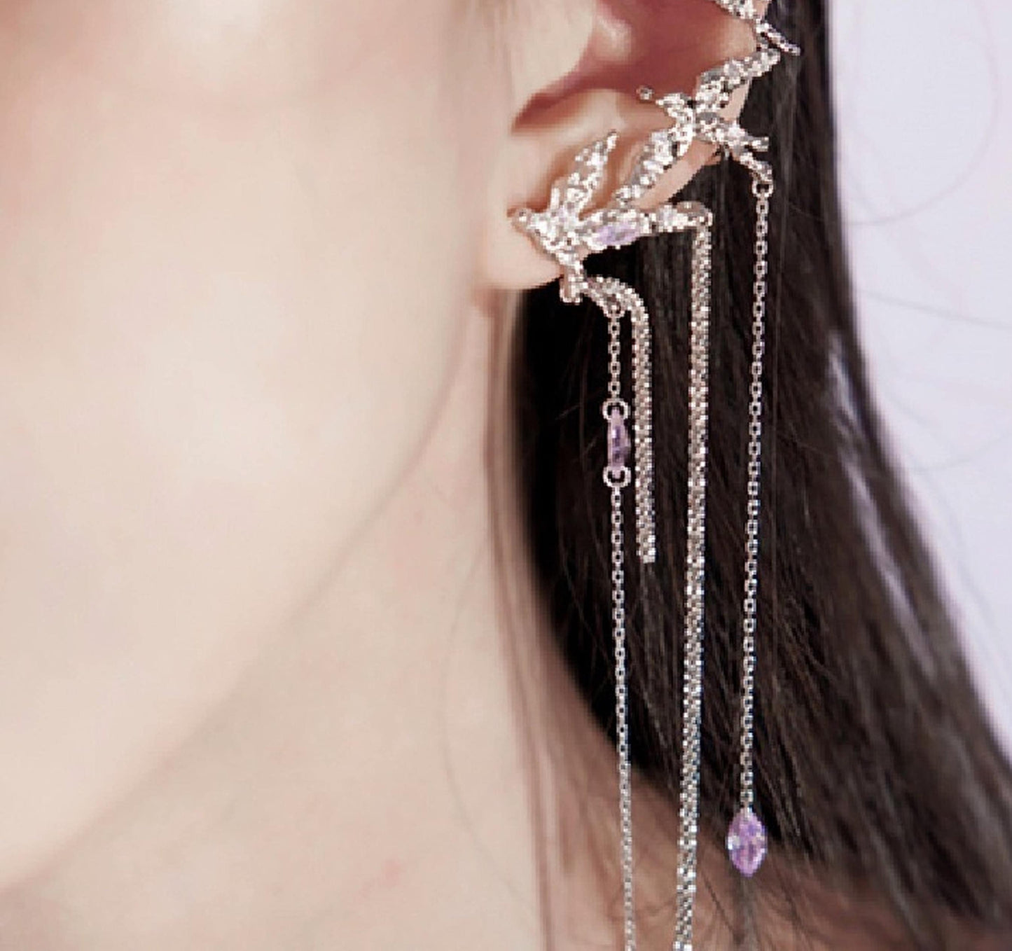 Silver Purple Crystal Long Dangle Ear Cuff - Unique Creative Flying Birds Ear Wrap Climbers