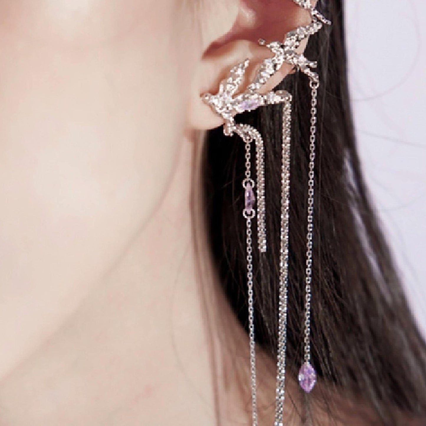 Silver Purple Crystal Long Dangle Ear Cuff - Unique Creative Flying Birds Ear Wrap Climbers