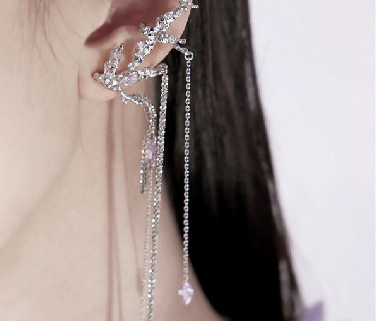 Silver Purple Crystal Long Dangle Ear Cuff - Unique Creative Flying Birds Ear Wrap Climbers