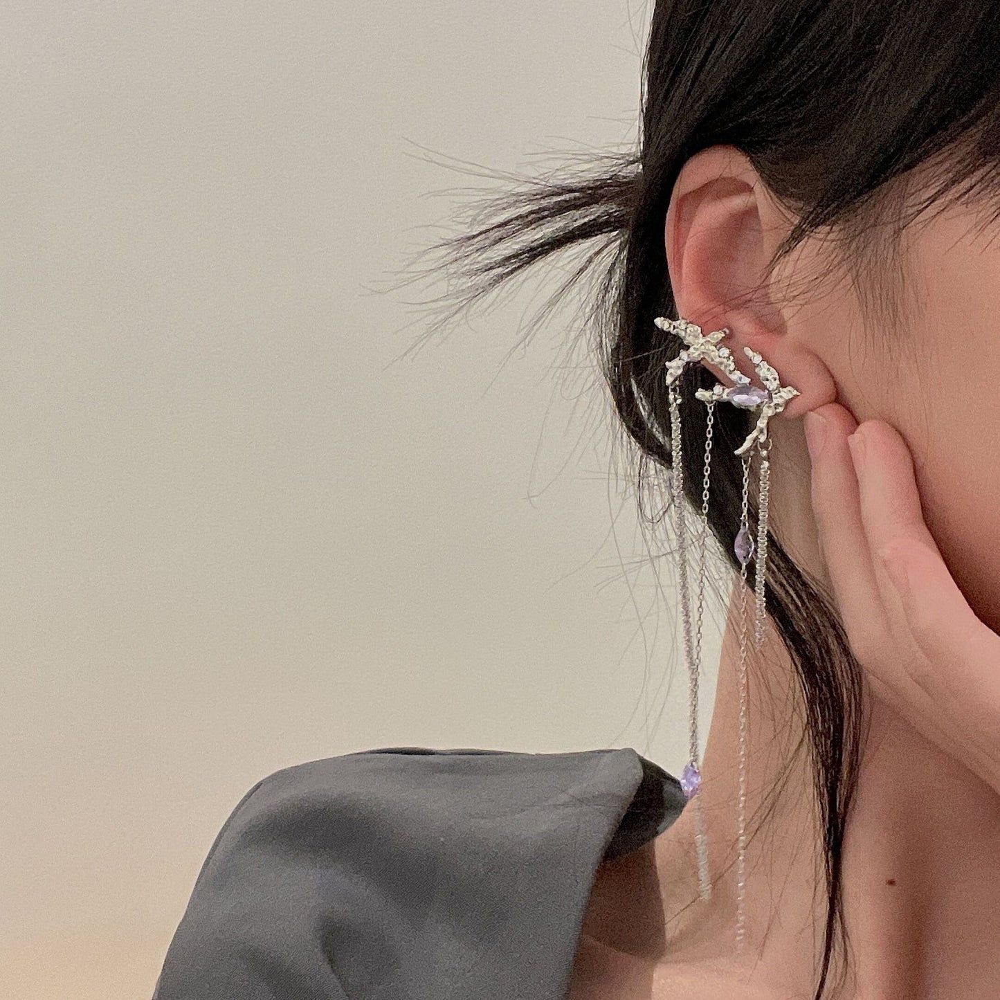 Silver Purple Crystal Long Dangle Ear Cuff - Unique Creative Flying Birds Ear Wrap Climbers