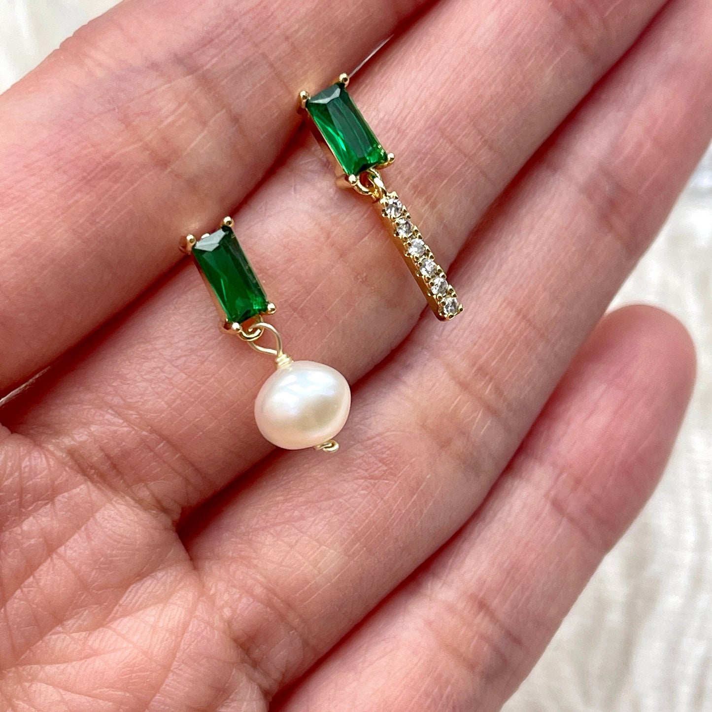 Emerald natural pearl earrings, Mismatched gold emerald green earrings, Dainty emerald earrings, Bridesmaids bridal wedding earrings gift