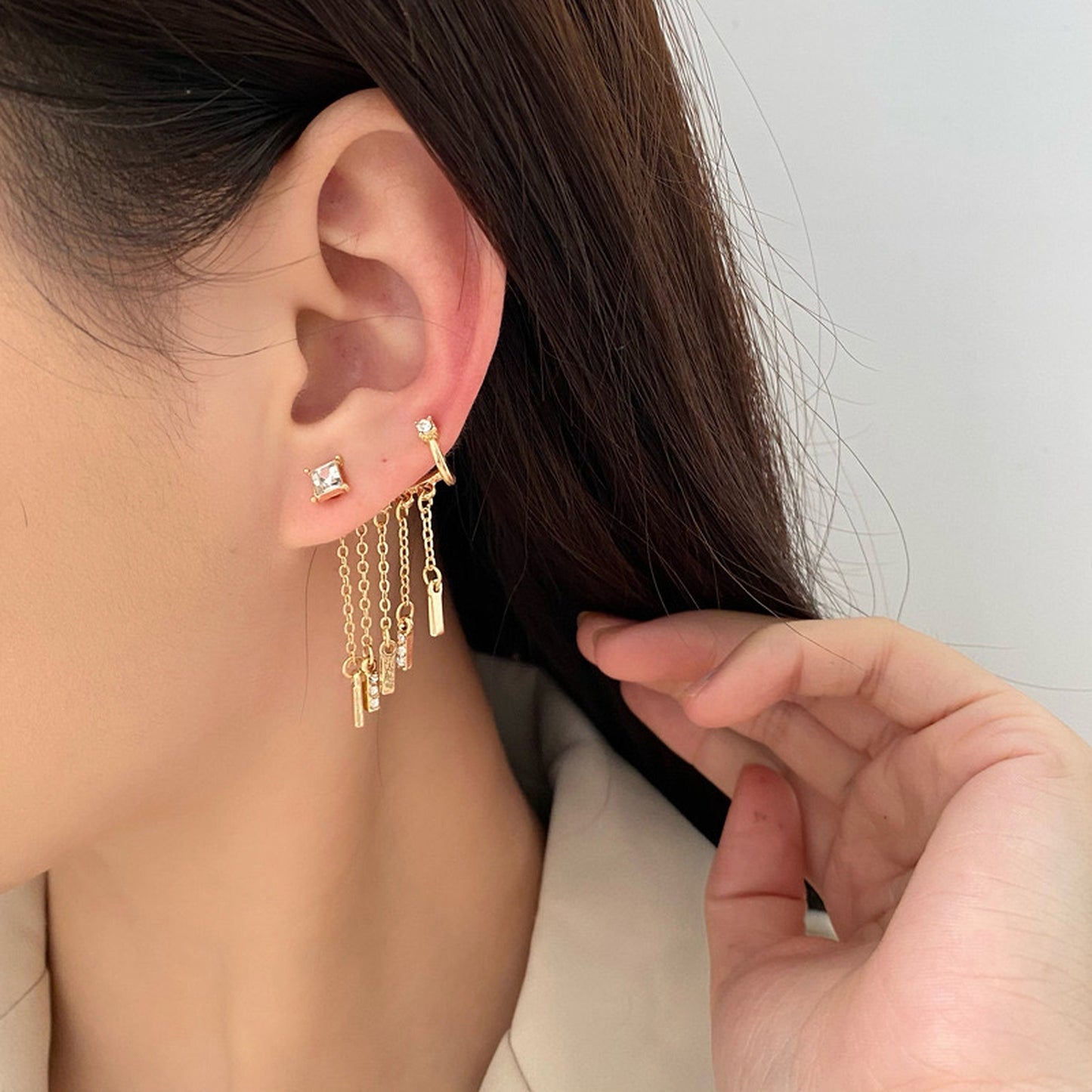 Gold fringe tassel earrings, Dangly conch ear cuff, Rhinestone ear climber crawler, Minimalist ear cuff, Boho bridesmaid wedding earrings