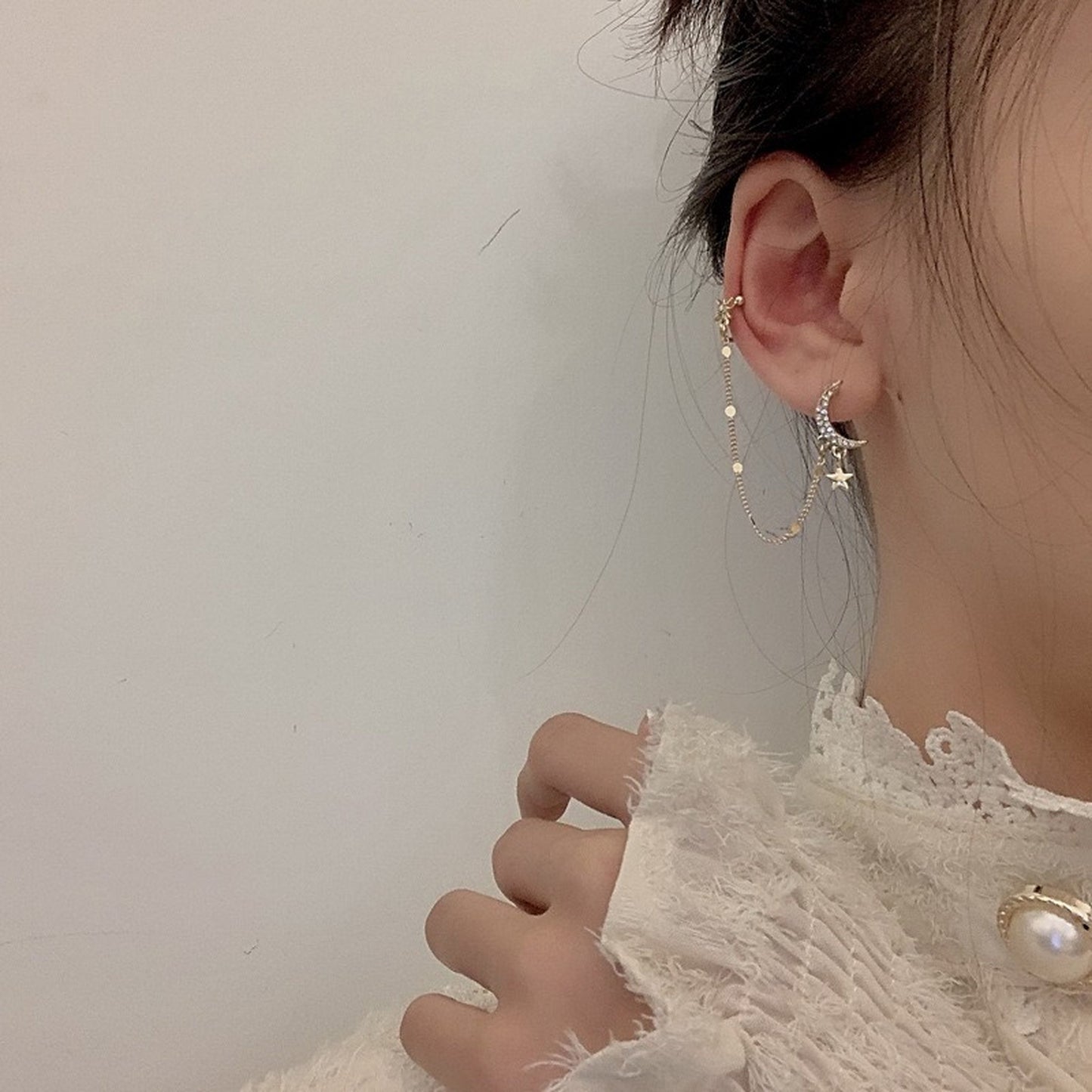 Golden star ear cuff, Gold celestial cuff earrings, North star ear wrap, Crescent moon ear climber, Linked chain dangle ear cuff, Minimalist