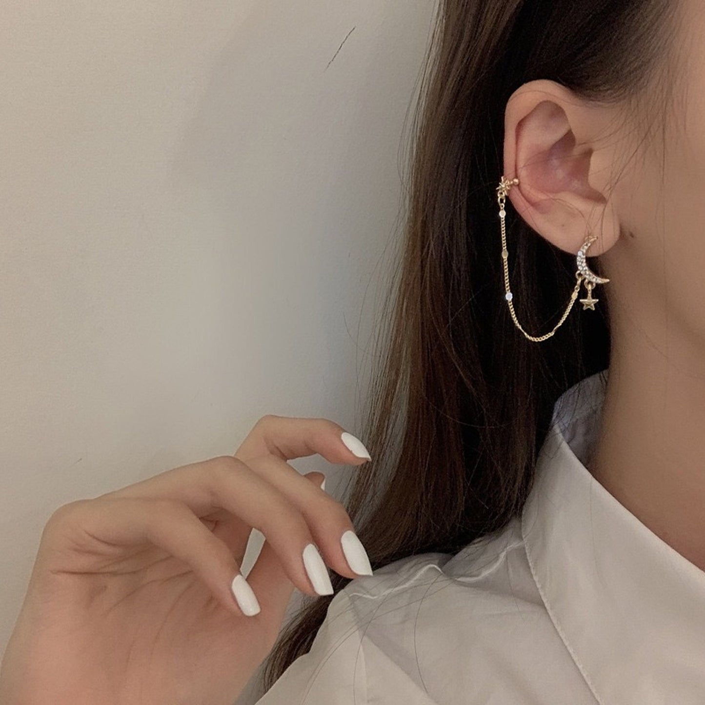 Golden star ear cuff, Gold celestial cuff earrings, North star ear wrap, Crescent moon ear climber, Linked chain dangle ear cuff, Minimalist