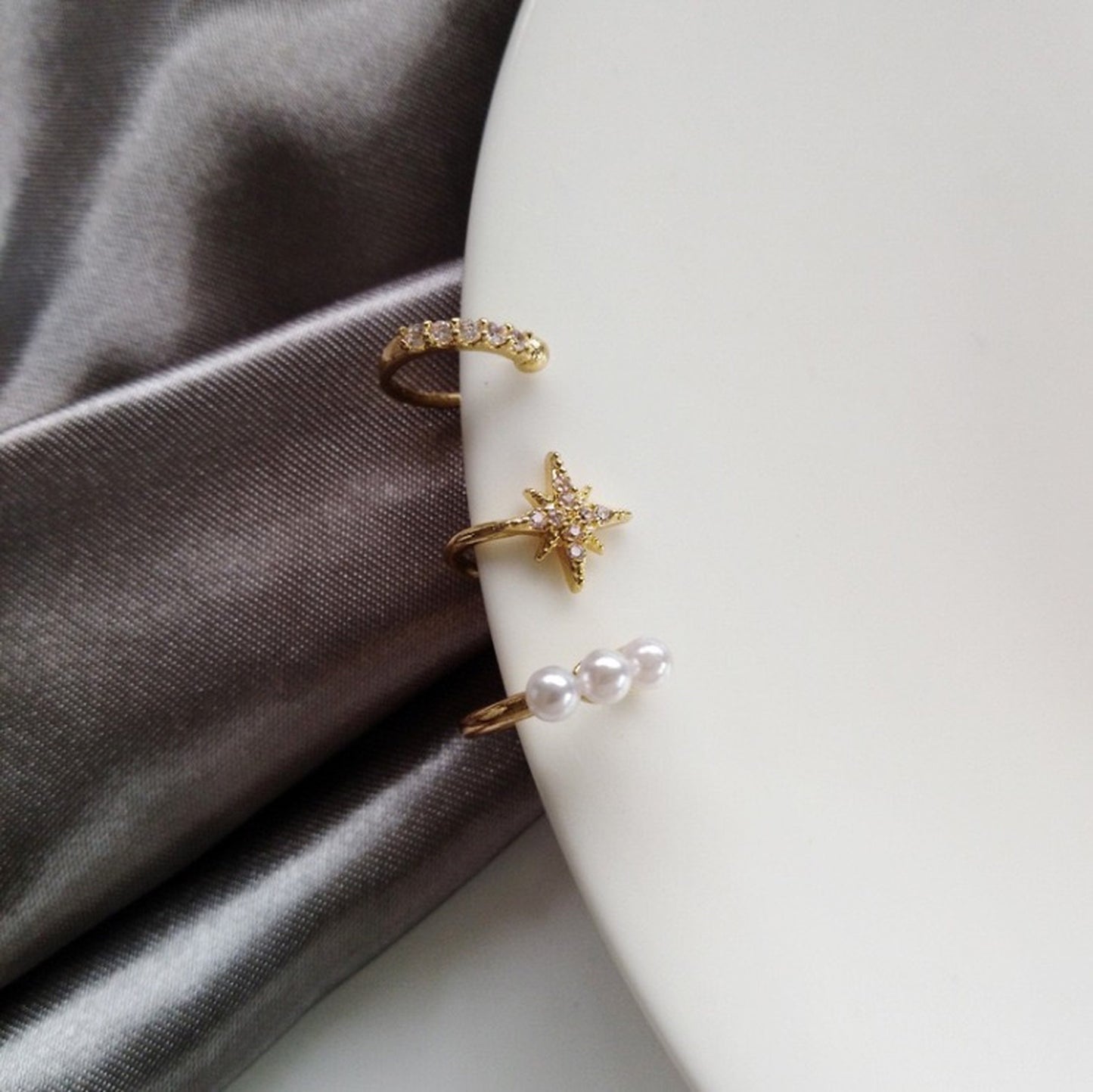 Dainty cuff earrings, Pearl ear cuff, North star ear cuff, CZ ear cuff, Gold ear climber, Minimalist tiny ear jacket, No piercing earrings