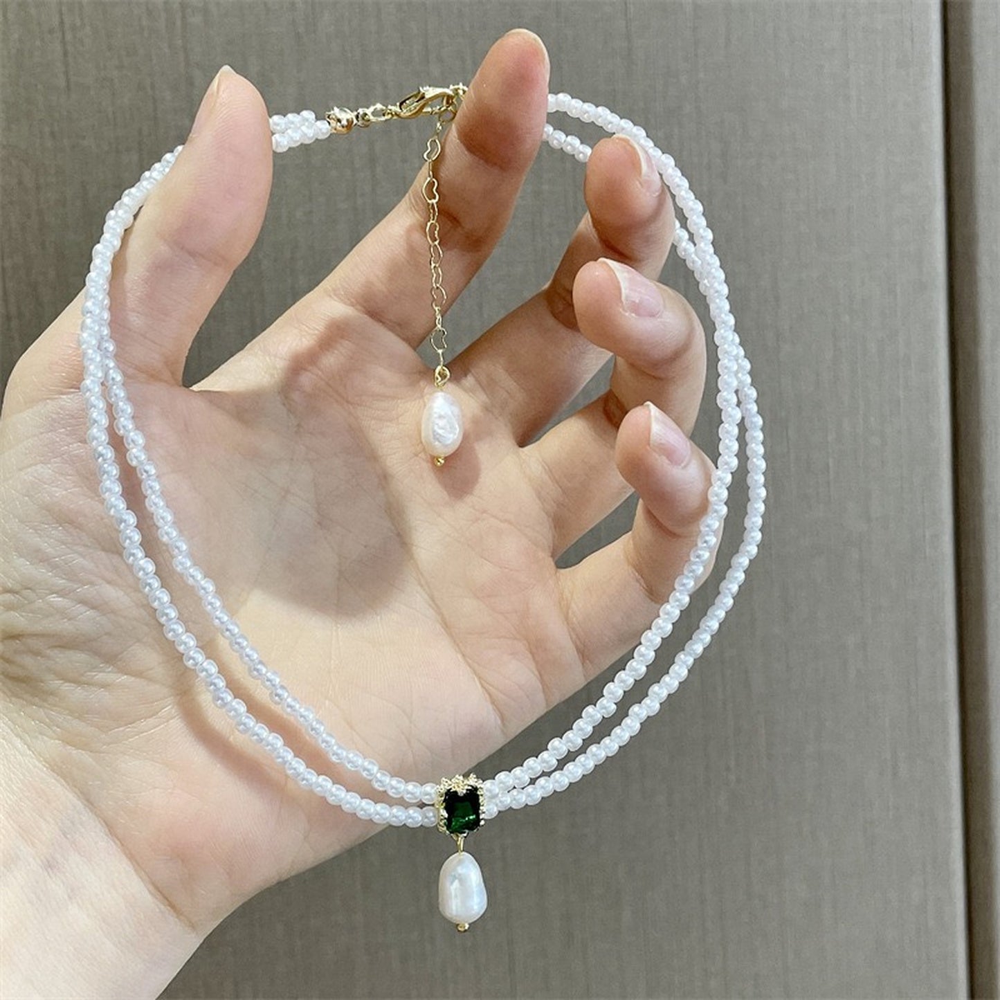 Emerald Green Pearl Double Layer Necklace | Handmade Vintage Style Emerald Charm Choker