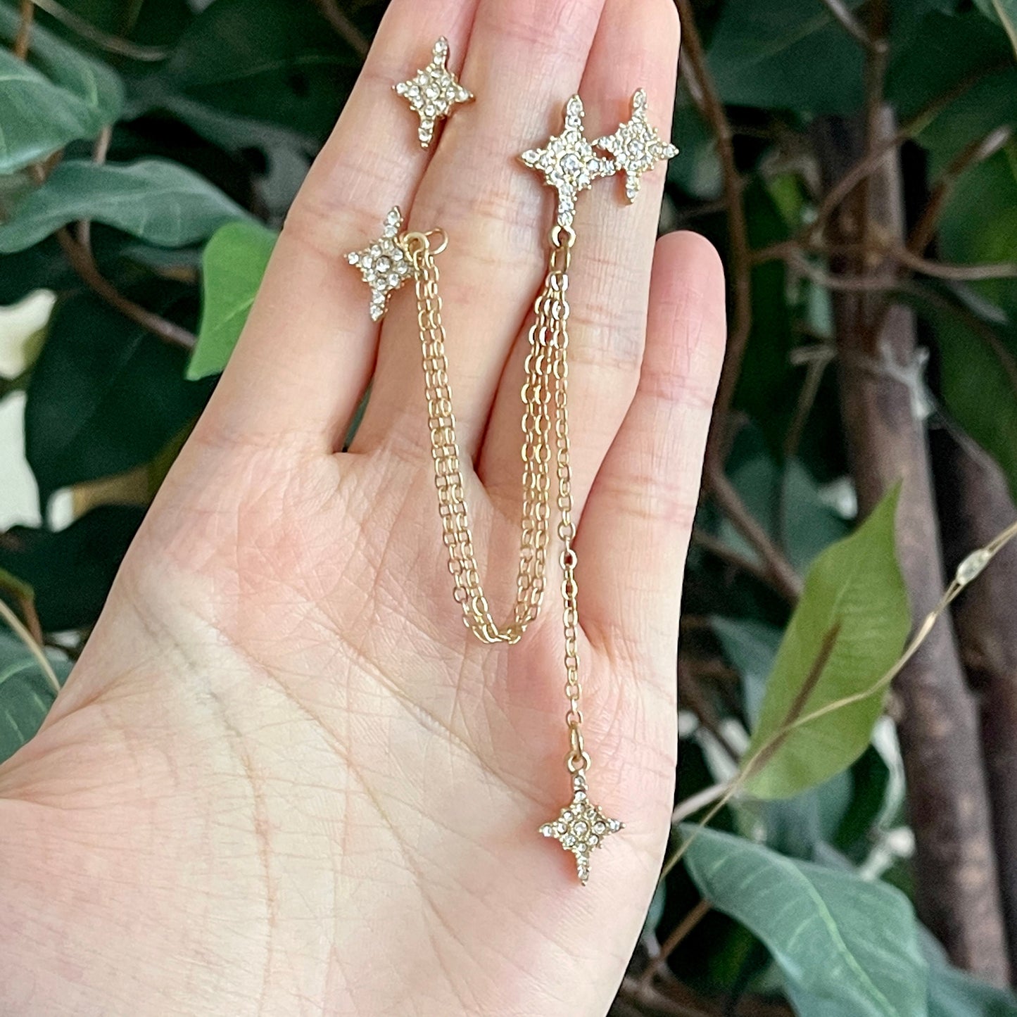 Golden North Starburst Dangle Ear Cuff Climber - Star Cluster Cartilage Conch Earrings