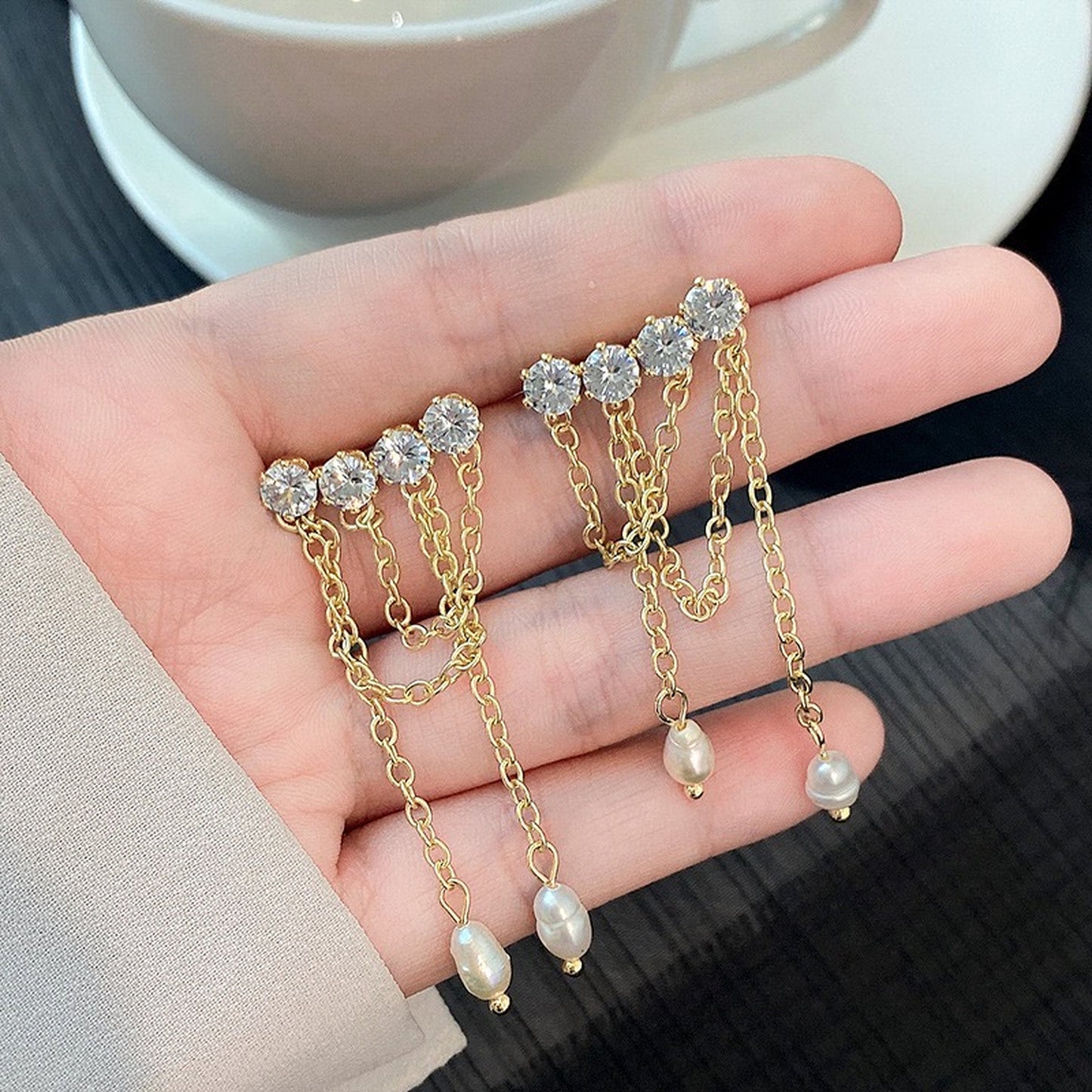 Multi layer dangle earrings, Gold tassel earrings, Natural pearl drop earrings, Rhinestone CZ ear climber crawler, Handmade bridesmaid gift