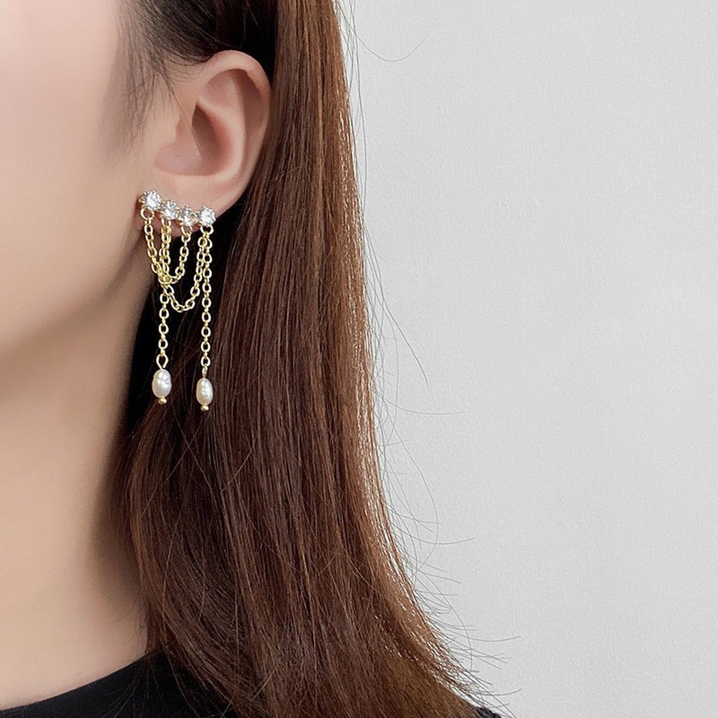 Multi layer dangle earrings, Gold tassel earrings, Natural pearl drop earrings, Rhinestone CZ ear climber crawler, Handmade bridesmaid gift