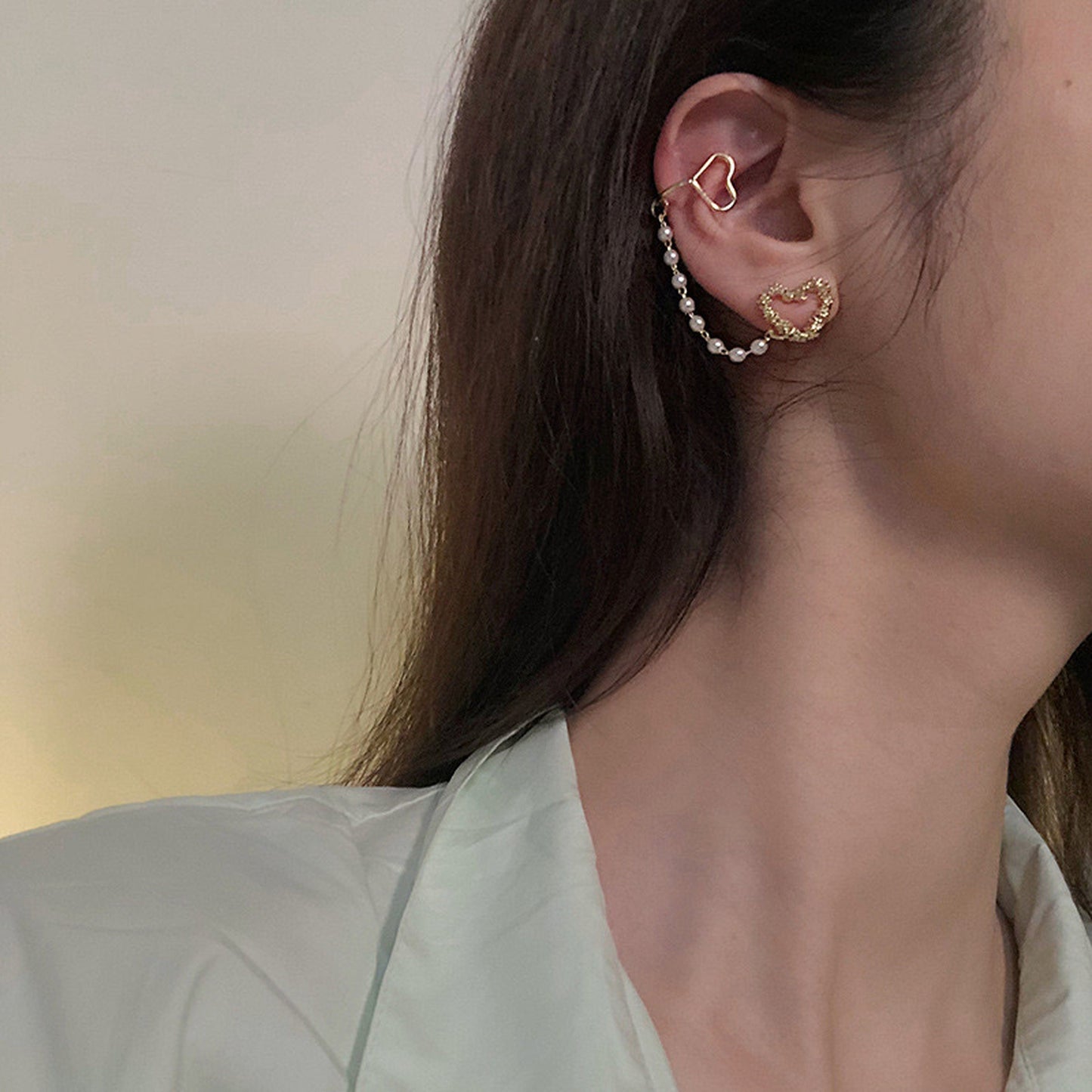 Cute Pearl Heart Helix Dangle Ear Cuff Climber - No Piercing Clip On Cuff Earrings