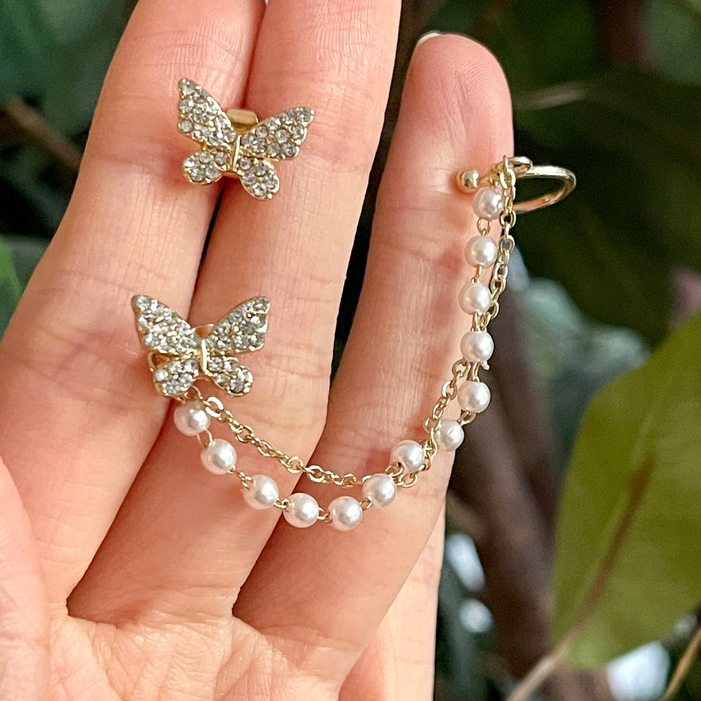Dainty Butterfly Pearl Ear Cuff Climber - Asymmetric Multi Layer Gold Dangle Cuff Earrings