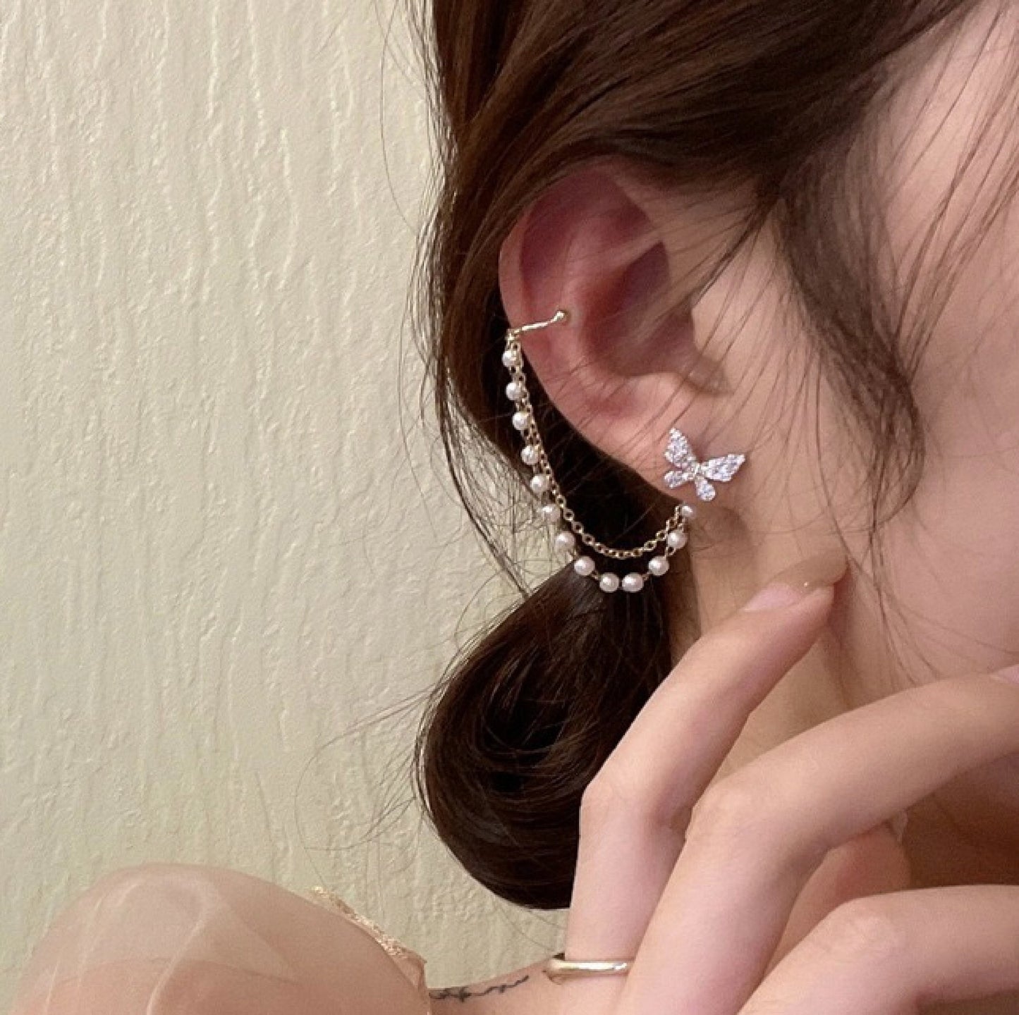 Dainty Butterfly Pearl Ear Cuff Climber - Asymmetric Multi Layer Gold Dangle Cuff Earrings