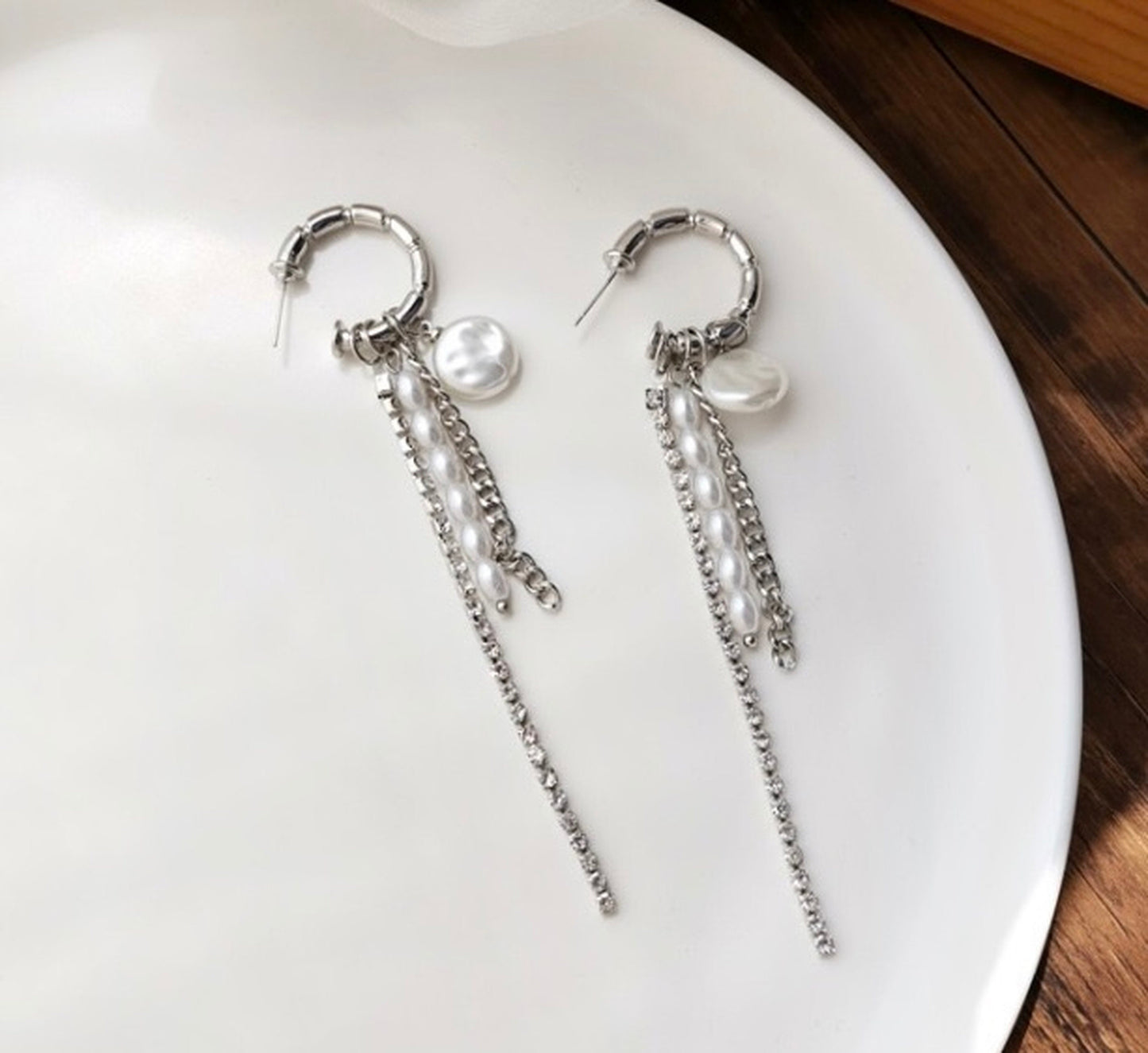 Punk silver earrings, Baroque pearl earrings, Long tassel fringed drop earrings, Y2K hoop earrings, Kpop earrings, Korean Streetwear Jewelry