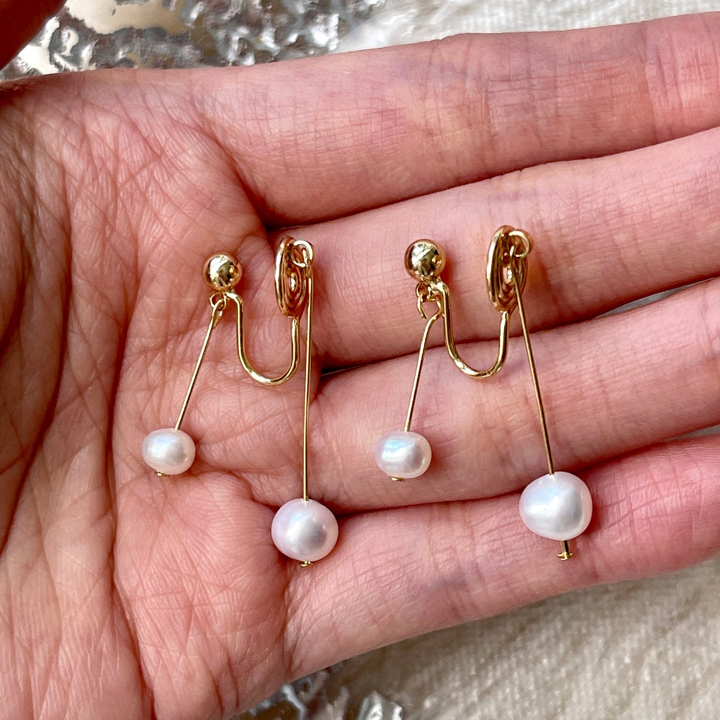 No piercing pearl drop earrings, Natural pearl clip-on earrings, Double pearl drop dangle earrings, Non pierced bridesmaid wedding earrings