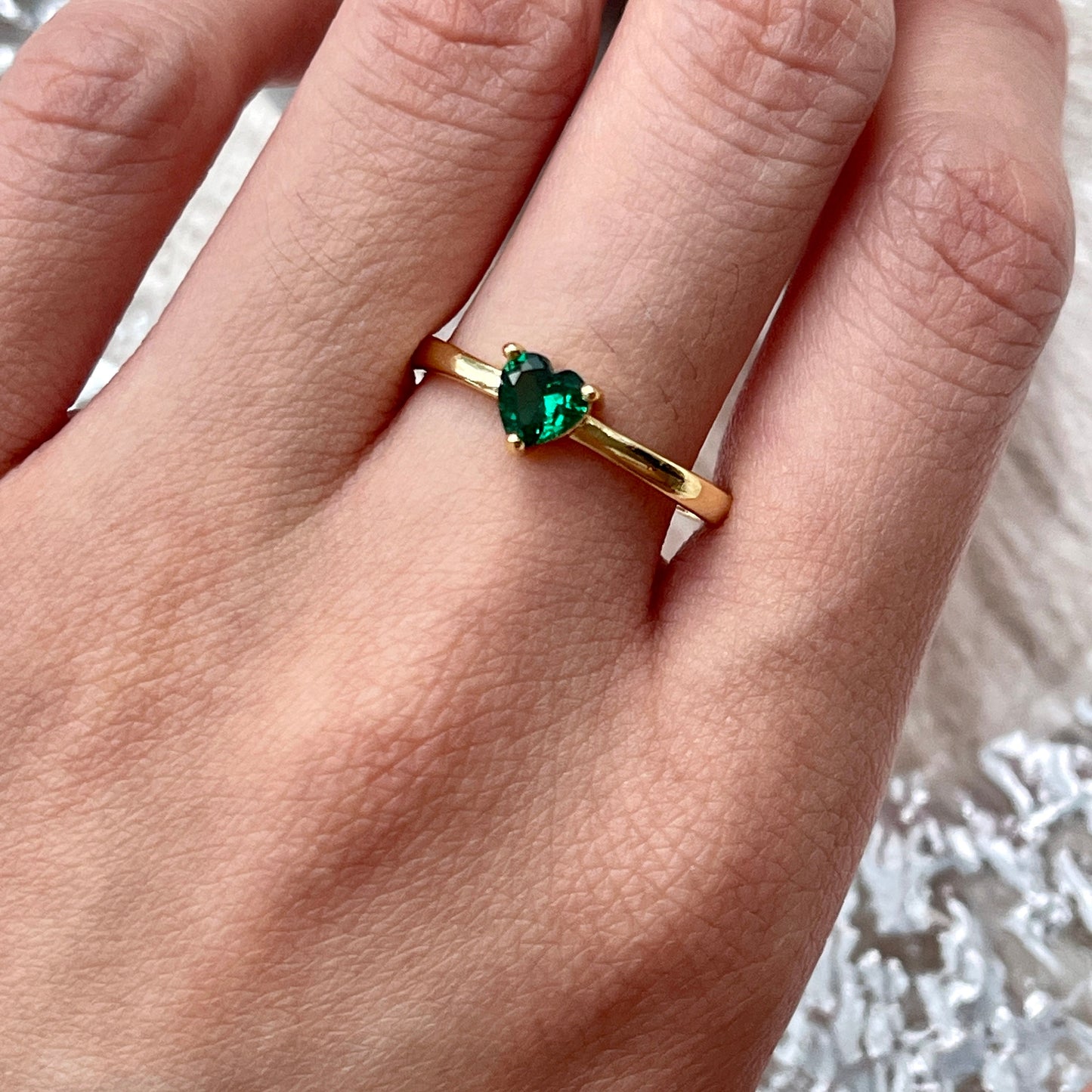 Heart Shaped Emerald Green Gold Ring - Romantic Green Heart Birthstone Cocktail Ring