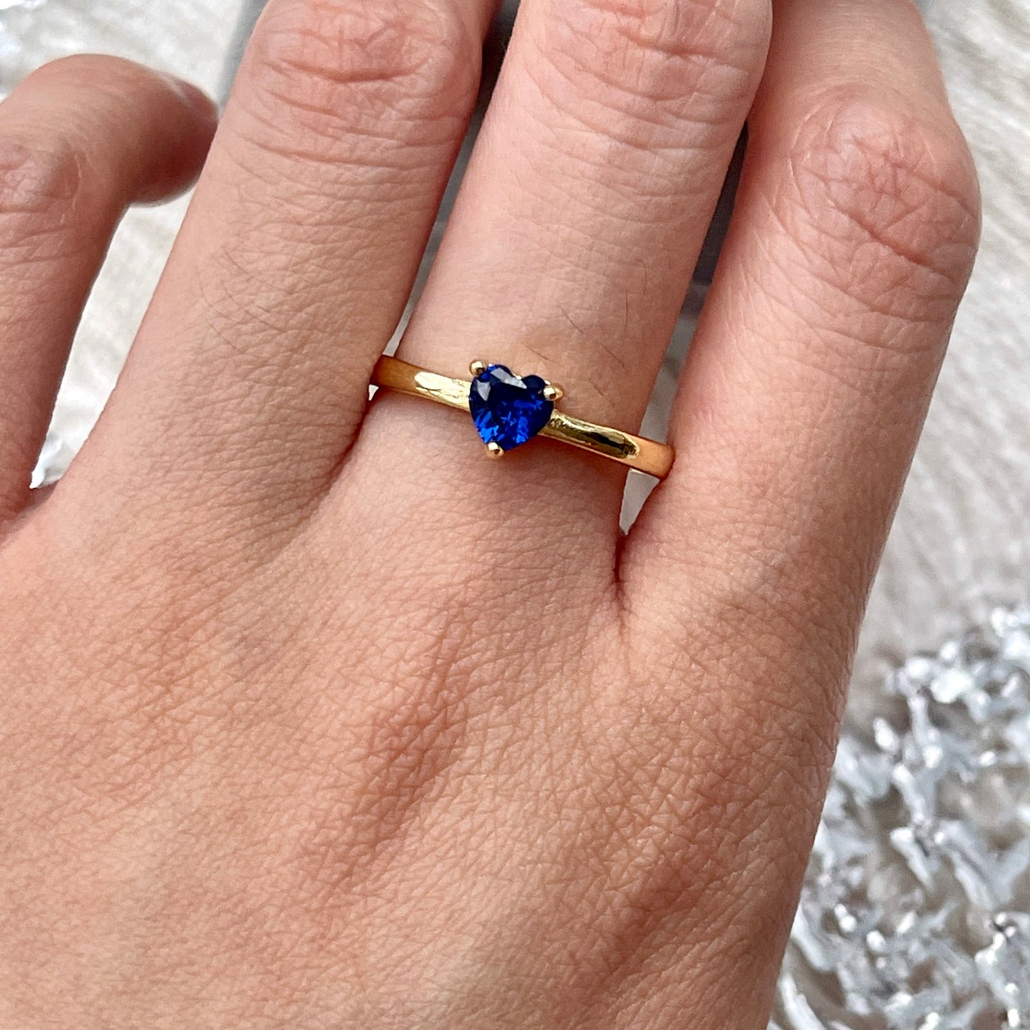 Dainty Blue Heart Shaped Sapphire Gold Open Ring | Royal Blue Birthstone Minimalist Ring