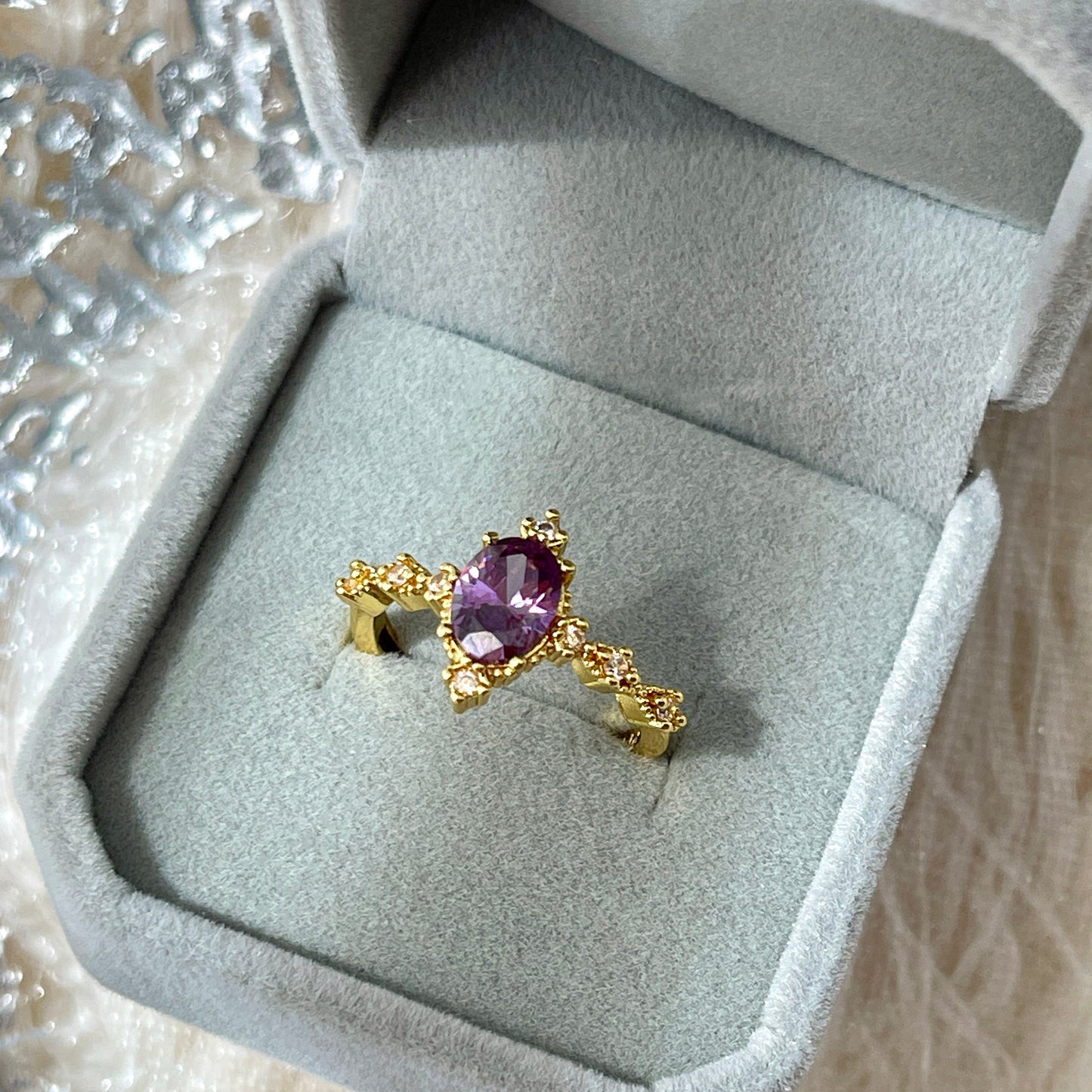 Purple Lilac Amethyst Ring - Gold lace Baguette Crystal Energy Ring
