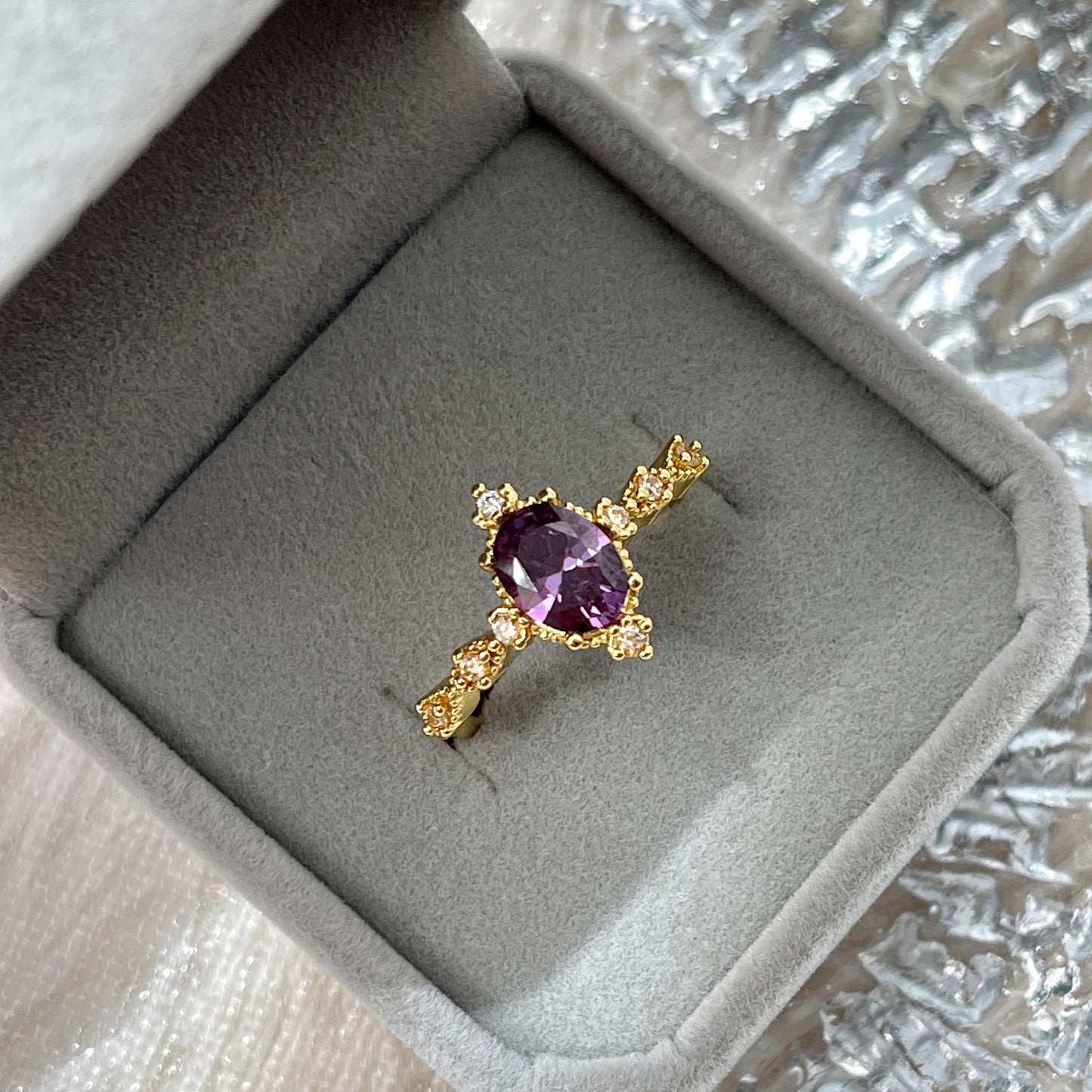 Purple Lilac Amethyst Ring - Gold lace Baguette Crystal Energy Ring