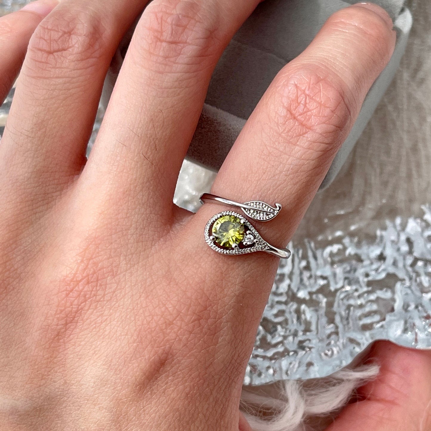 Olive Green Leaf Vine Cocktail Ring - Asymmetric Open ring