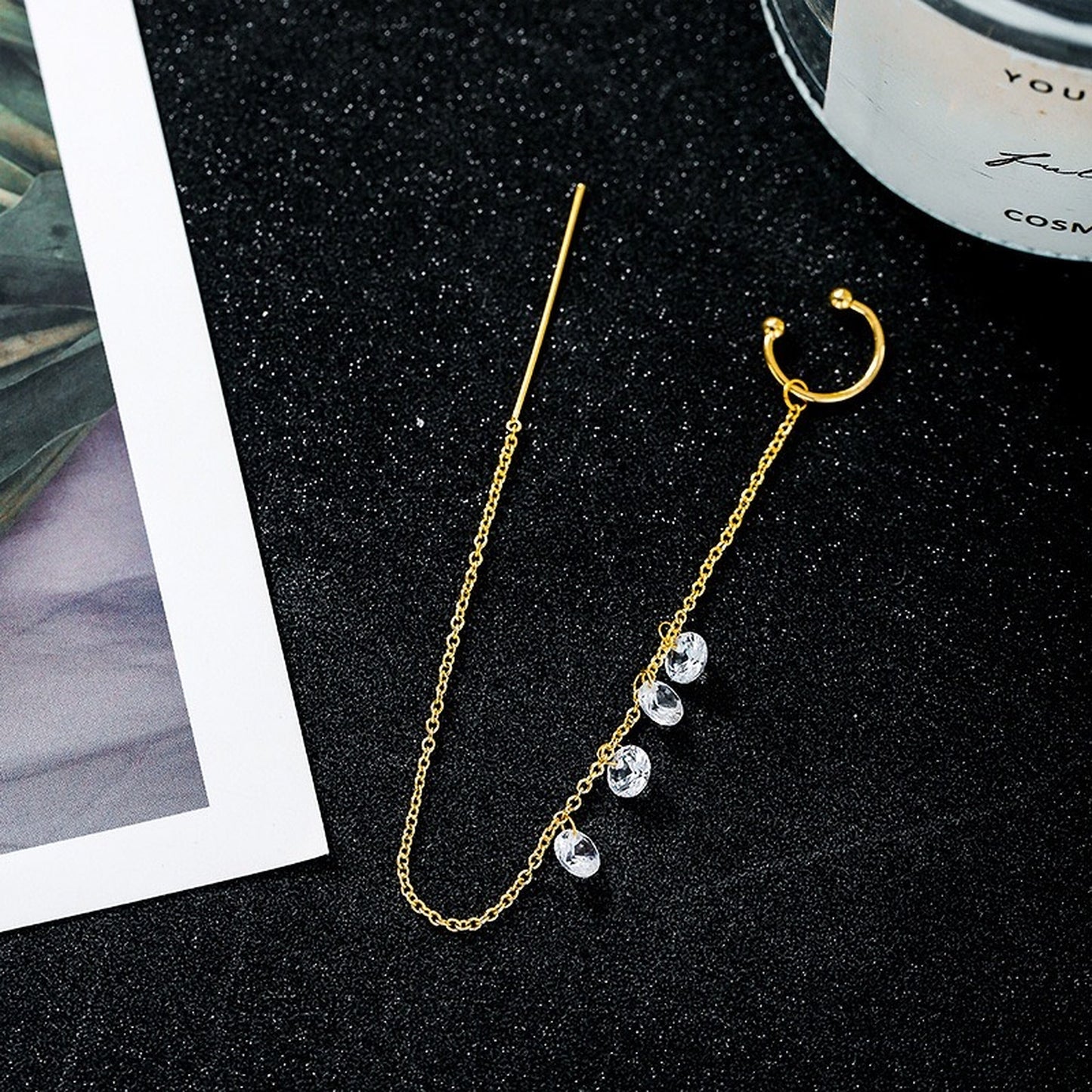 Crystal dangle ear cuff, Gold threader, Minimalist cuff threader earrings, Delicate ear wrap, Dainty CZ threader, Bridesmaid earrings gift