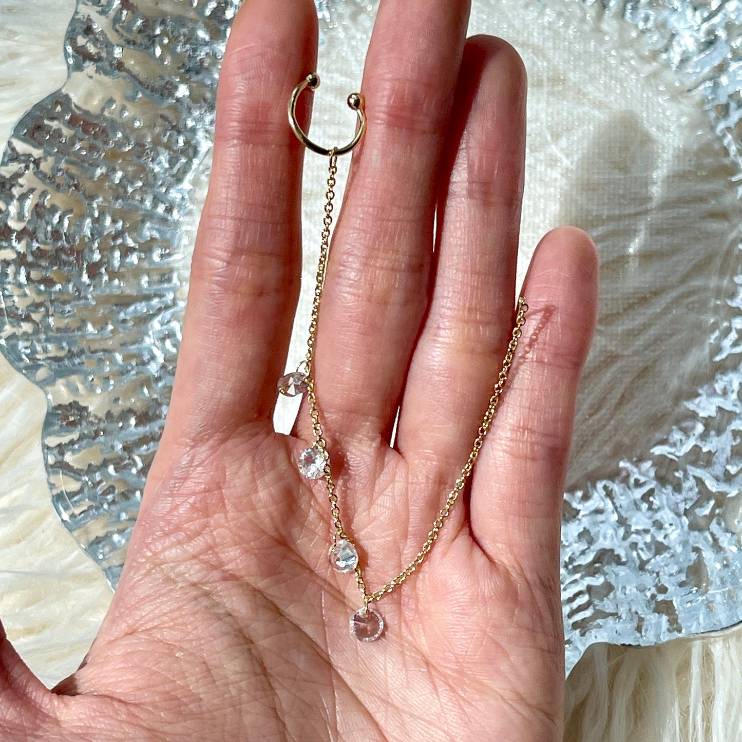Crystal dangle ear cuff, Gold threader, Minimalist cuff threader earrings, Delicate ear wrap, Dainty CZ threader, Bridesmaid earrings gift