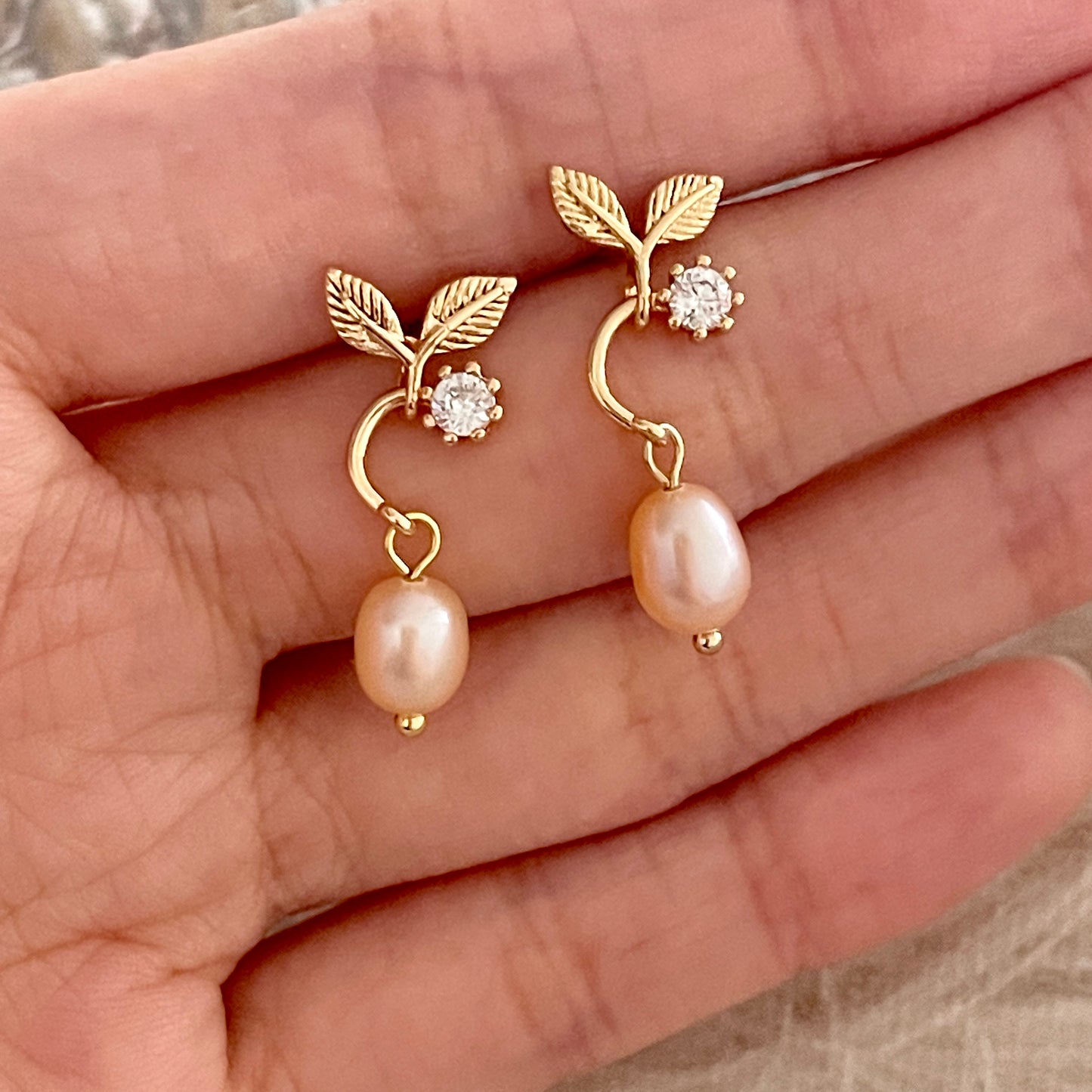 Natural Pink Pearl Gold Leaf Earrings - Handmade Freshwater Pink Pearl Wedding Earrings