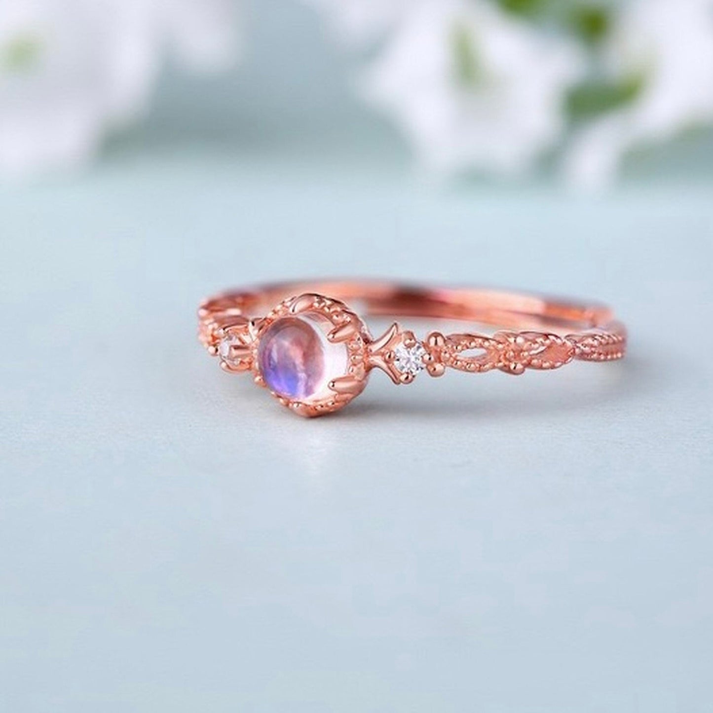 Moonstone energy ring, Rose gold stacking ring, Diamond cz ring, Round moonstone cocktail ring, Open adjustable ring, Dainty birthday gifts