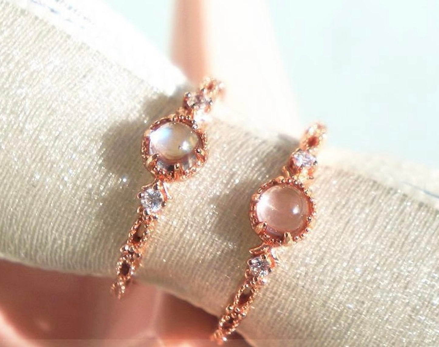 Moonstone energy ring, Rose gold stacking ring, Diamond cz ring, Round moonstone cocktail ring, Open adjustable ring, Dainty birthday gifts