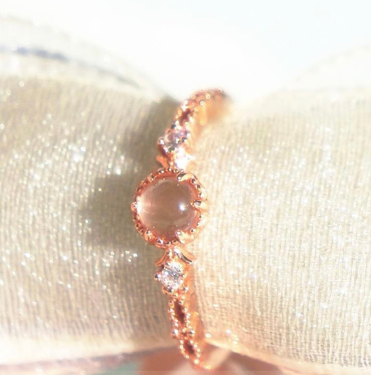 Moonstone energy ring, Rose gold stacking ring, Diamond cz ring, Round moonstone cocktail ring, Open adjustable ring, Dainty birthday gifts