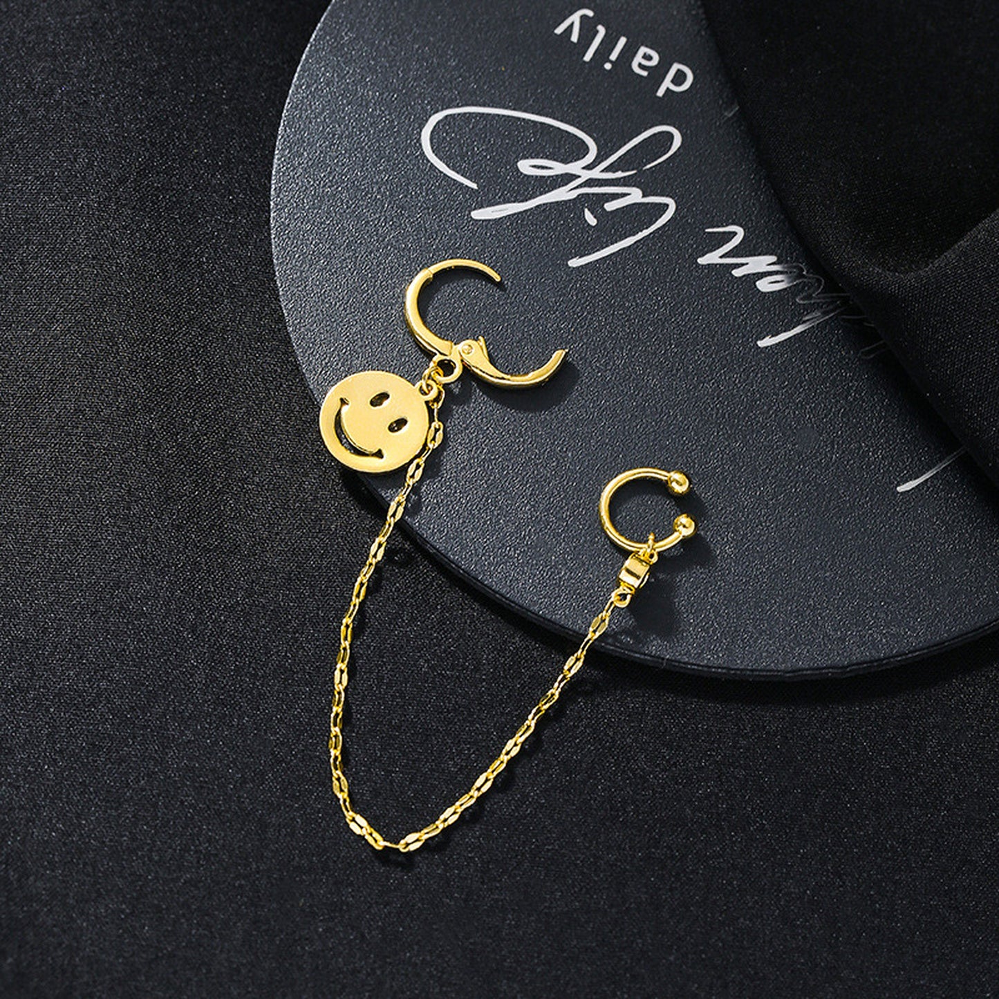 Smiley face ear cuff, Emoji ear climber, Y2K gold earrings, Punk creative ear cuff, Link dangle ear cuff wrap, Happy face cuff earrings, Fun