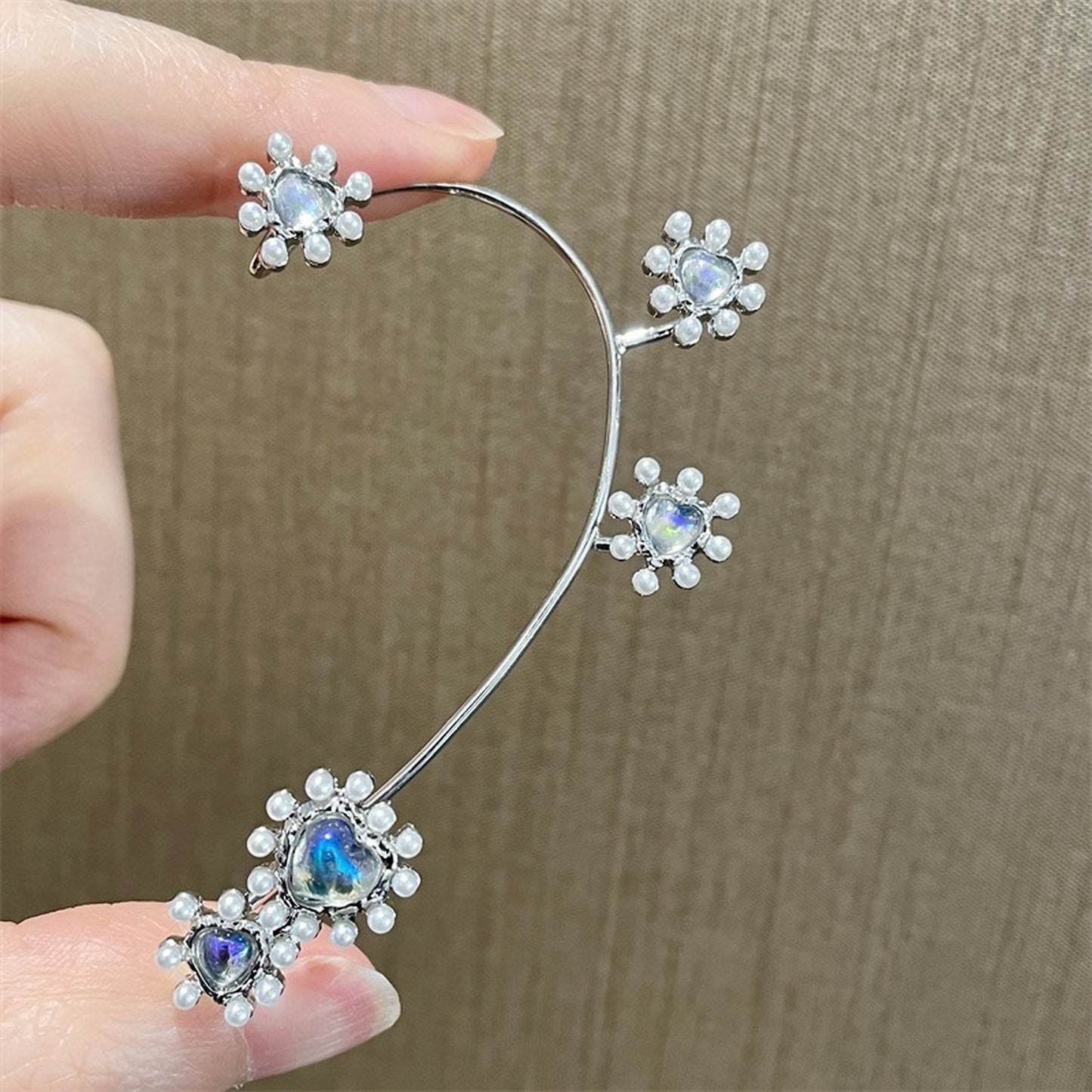 Floral moonstone ear wrap, Fairy cluster ear wrap, Heart pearl ear wrap, Non pieced full ear wrap climber, Ear vine wrap, Handmade gift idea